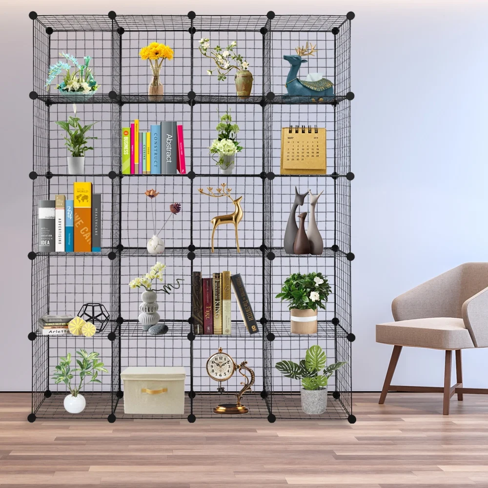 MDHAND 20-Cube Organizer Shelves, Wire Cube Storage Origami Shelves, Metal Grid Multifunction Shelving, Unit Modular Cubbies Organizer Bookcase, Black