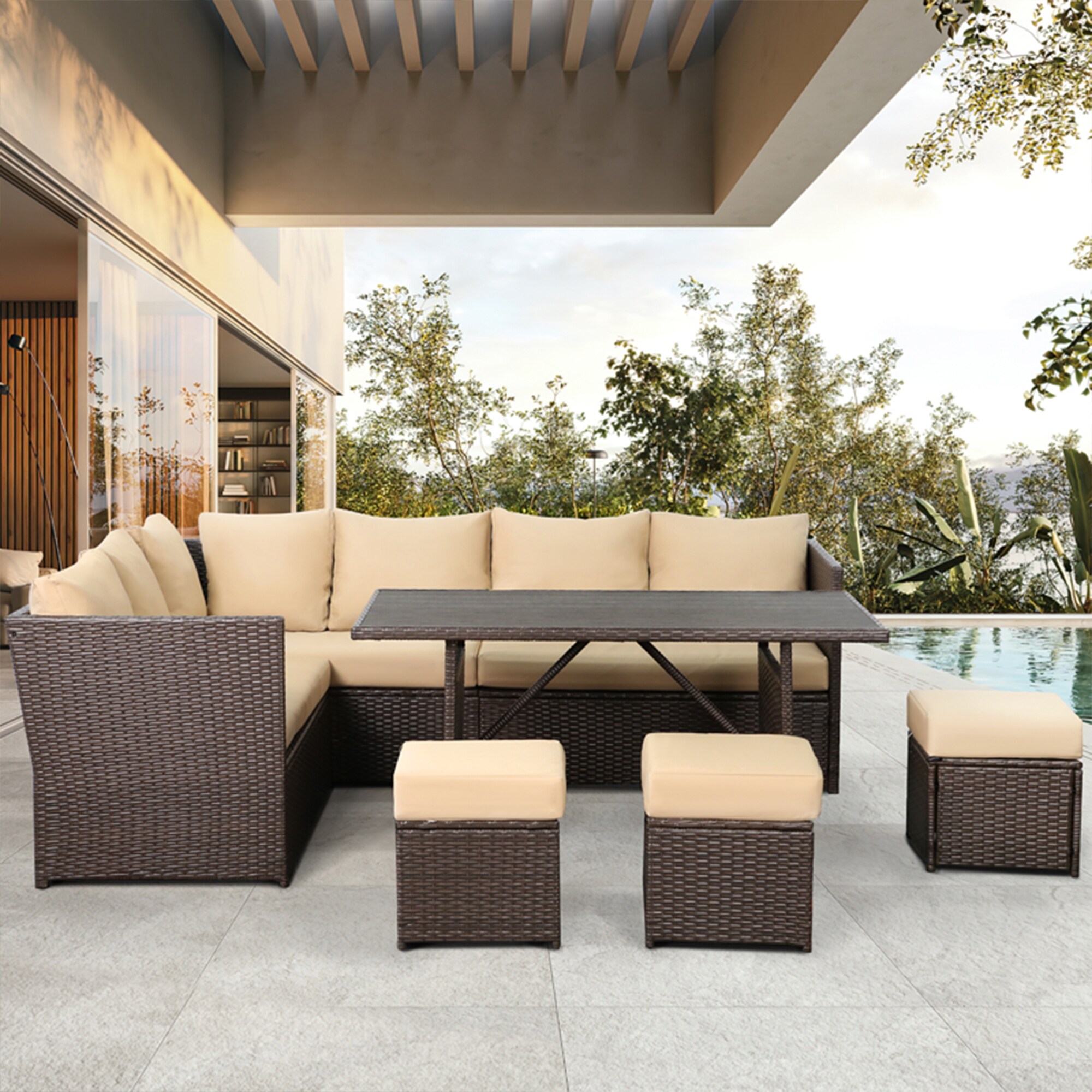 AECOJOY 7 Pieces Outdoor Conversation Set Wicker Sectional Sofa Couch Dining Table Chair with Ottoman and Throw Pillows Red