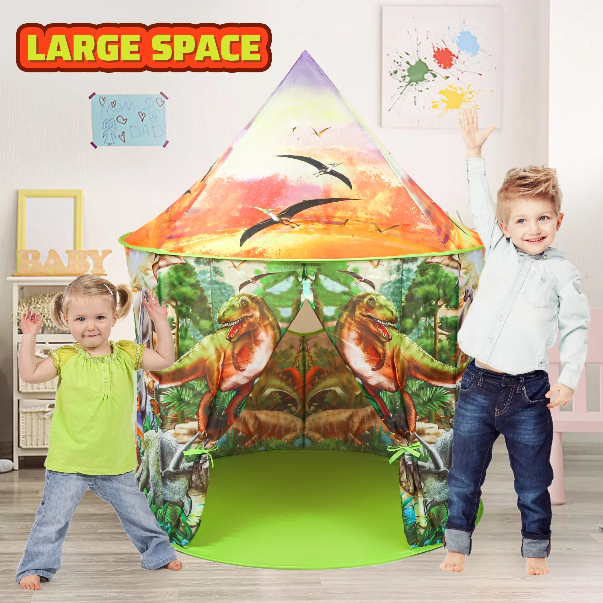 Huge Wave Dinosaur Play Tent, Imaginative Jurassic Adventure, Portable and Foldable Design, Suitable for Indoor and Outdoor Use, Ideal Birthday Christmas Gift for Kids 3 4 5 6 8 Boys&Girls