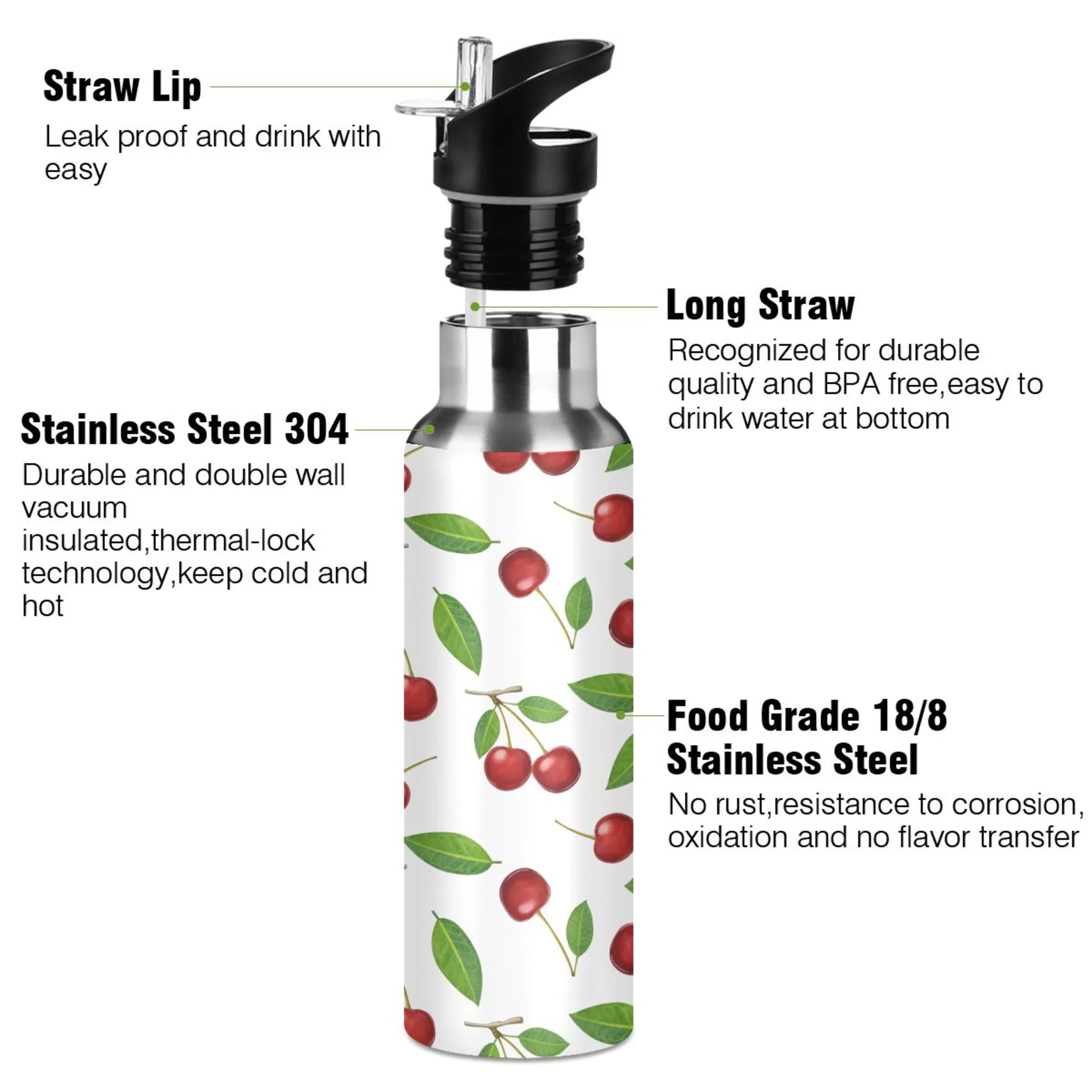 Water Bottle with Straw Lid Leak Cherry with Leaves Stainless Steel Insulated Thermos Vacuum Flask for Cold Hot Drinking for Sports Camping Gym Yoga