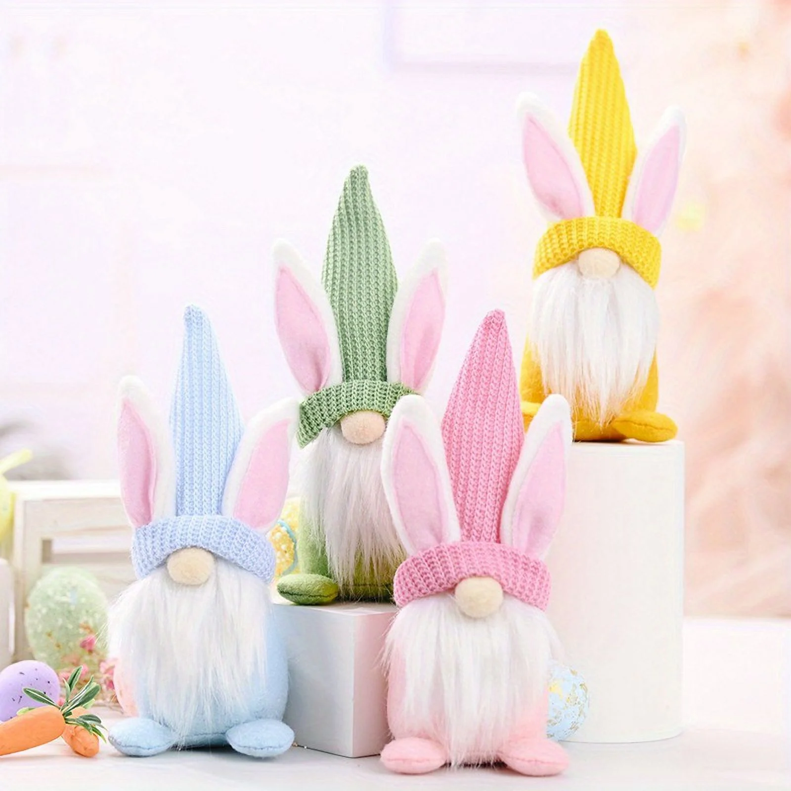 4PCS Easter Gnomes Decorations for Home,2 Pack Cute Bunny Tiered Tray Spring Plush Gnome House Decor Handmade Swedish Tomte Elfs Dwarf Rabbit Doll
