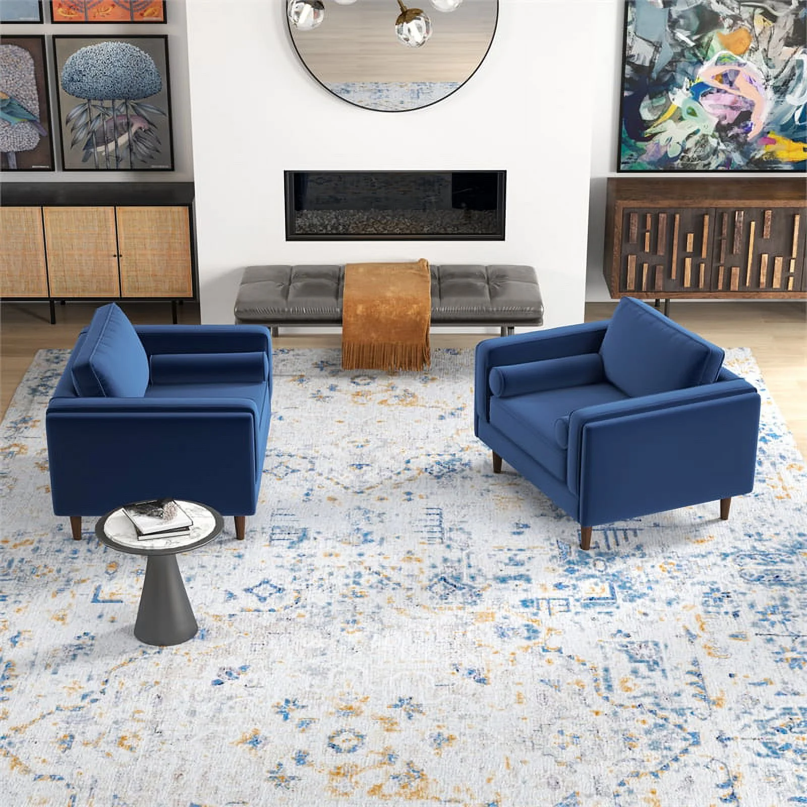 Ford Mid-Century Pillow Back Velvet Lounge Chair in Blue (Set of 2)