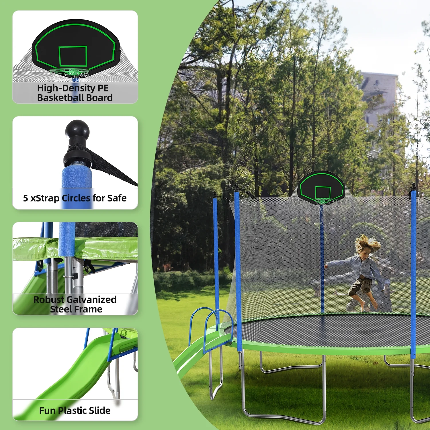 Stufurhome 12ft Kids Trampoline with Swing&Slid Basketball Hoop Outdoor Safety Enclosure Net ASTM Approved