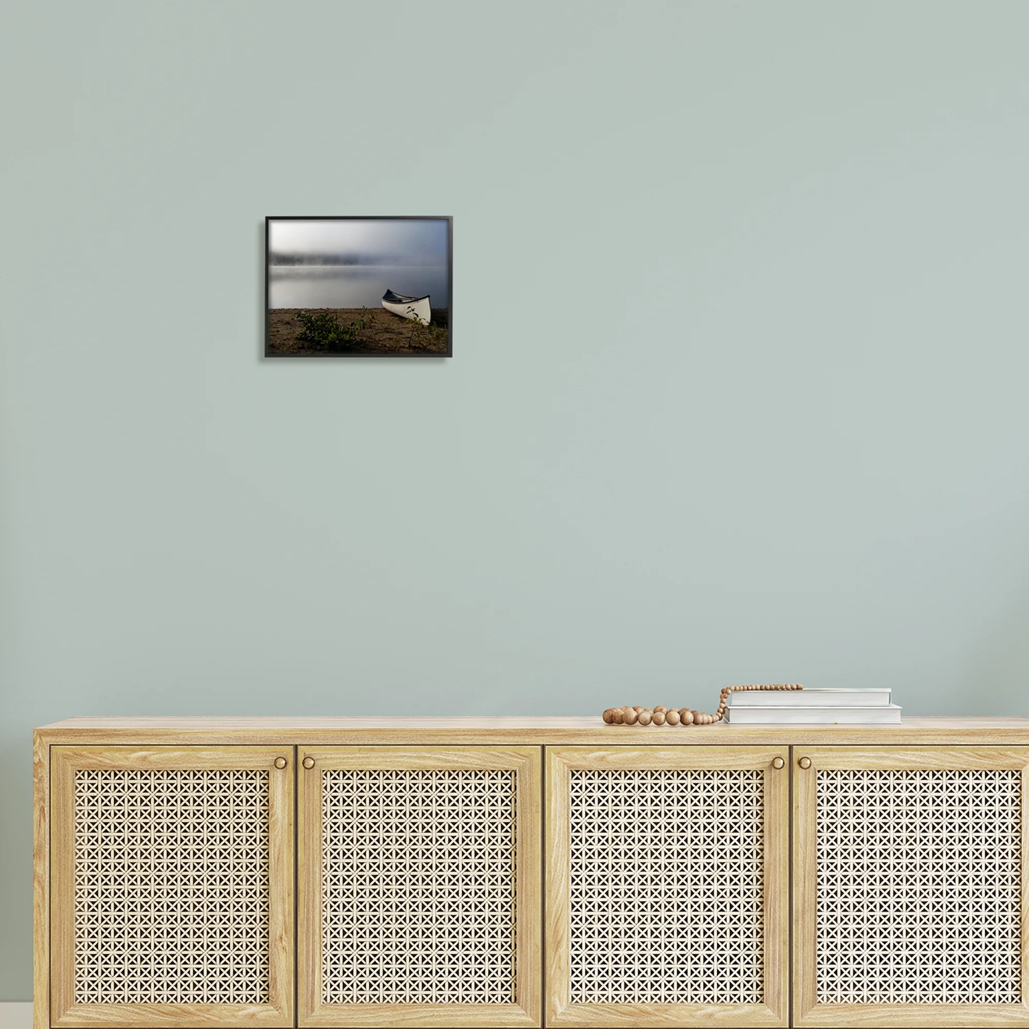 Stupell Industries Lone Canoe Tranquil Foggy Lake Beach Weather Photograph Black Framed Art Print Wall Art, Design by Daphne Polselli