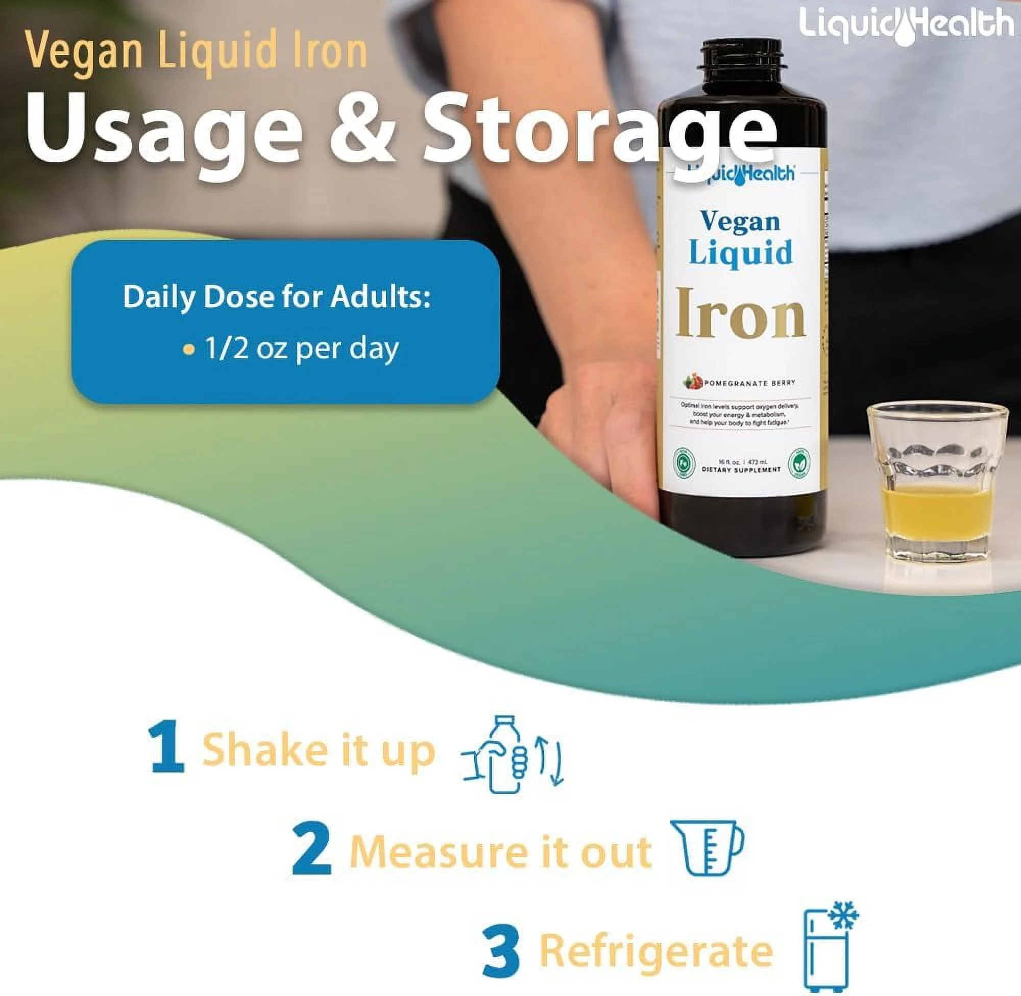 LIQUIDHEALTH Vegan Liquid Iron Supplement for Immune Support, Pomegranate Berry 16 fl Oz