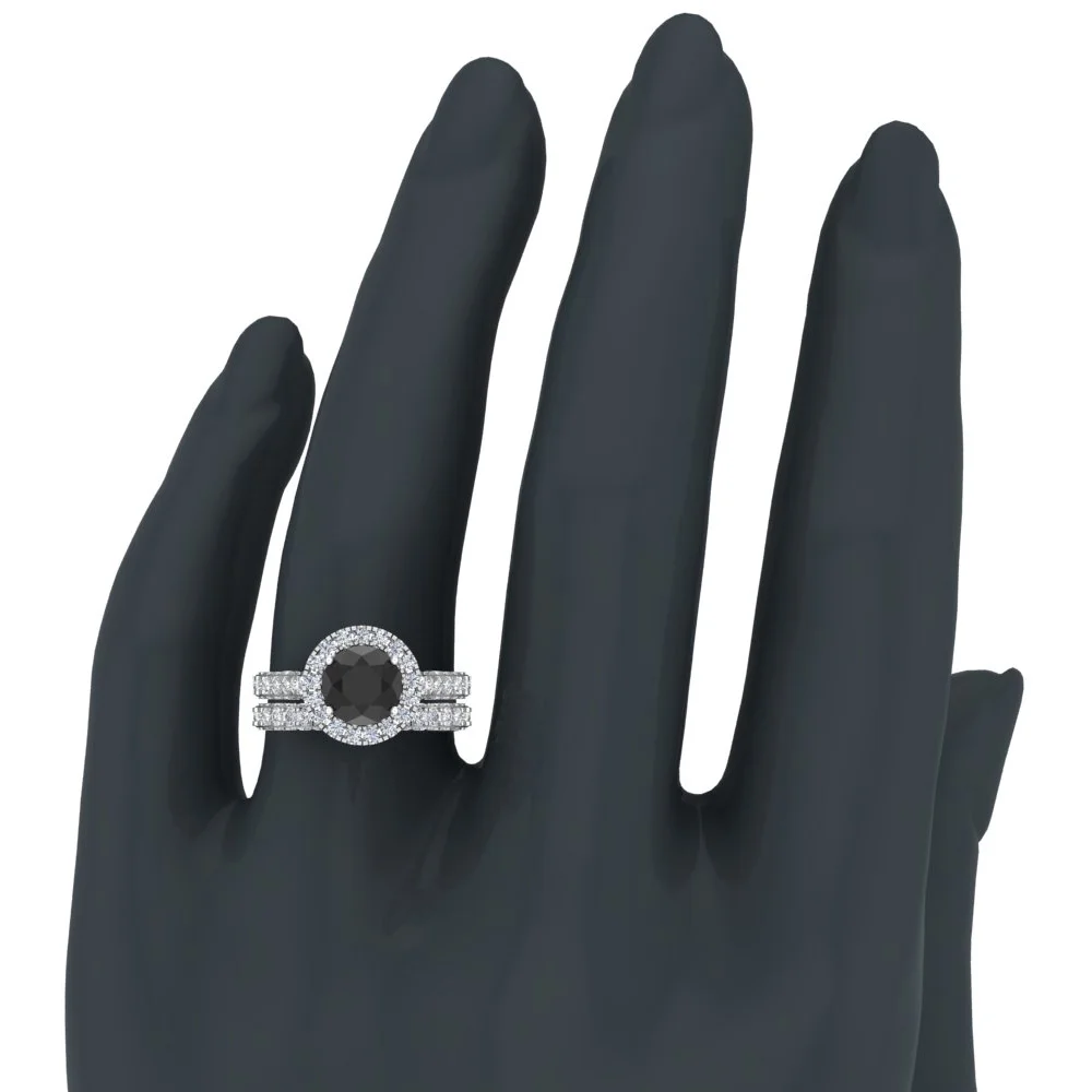 Black Diamond Wedding Ring Set 18K White Gold Halo Rings for Women 8.00 MM 5.90 Carat ( G , VS1 )