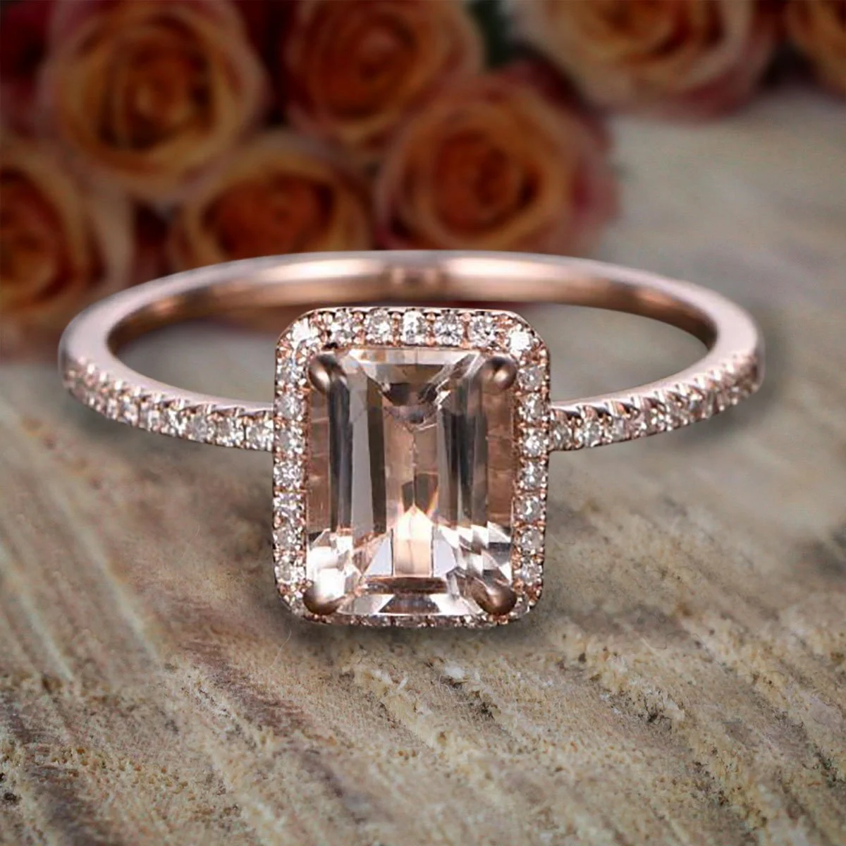 1.75 Carat Peach Pink Morganite (7x5mm Emerald Cut Morganite) Diamond Moissanite Halo Engagement Ring with 18k Gold Plating