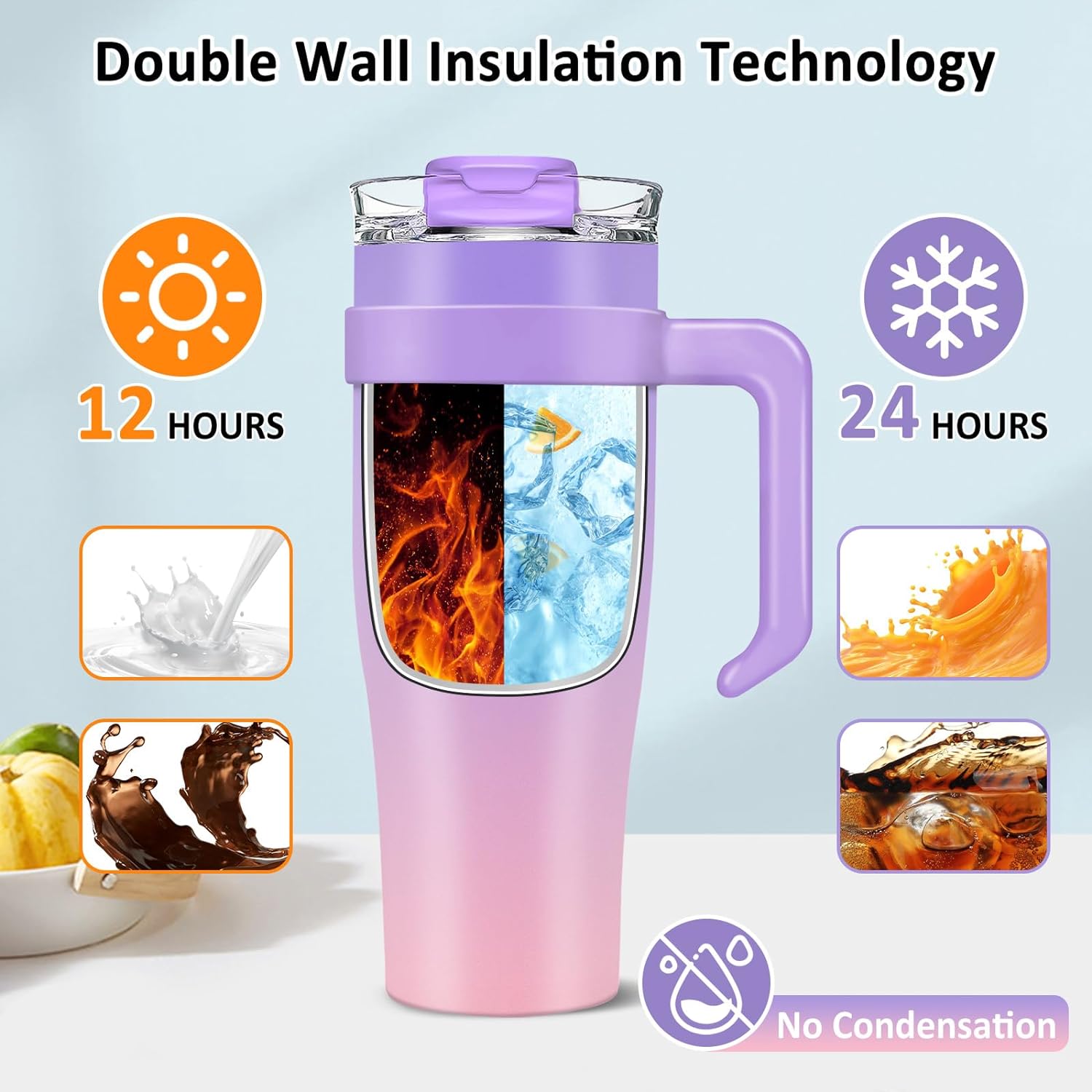 40 oz Tumbler with Handle, Flip Straw Tumbler with 2-in-1 Leak Proof Lid, Stainless Steel Double Wall Vacuum Insulated Tumblers Blue, Adults Kids Water Bottle Cup for Walking Hiking Camping School