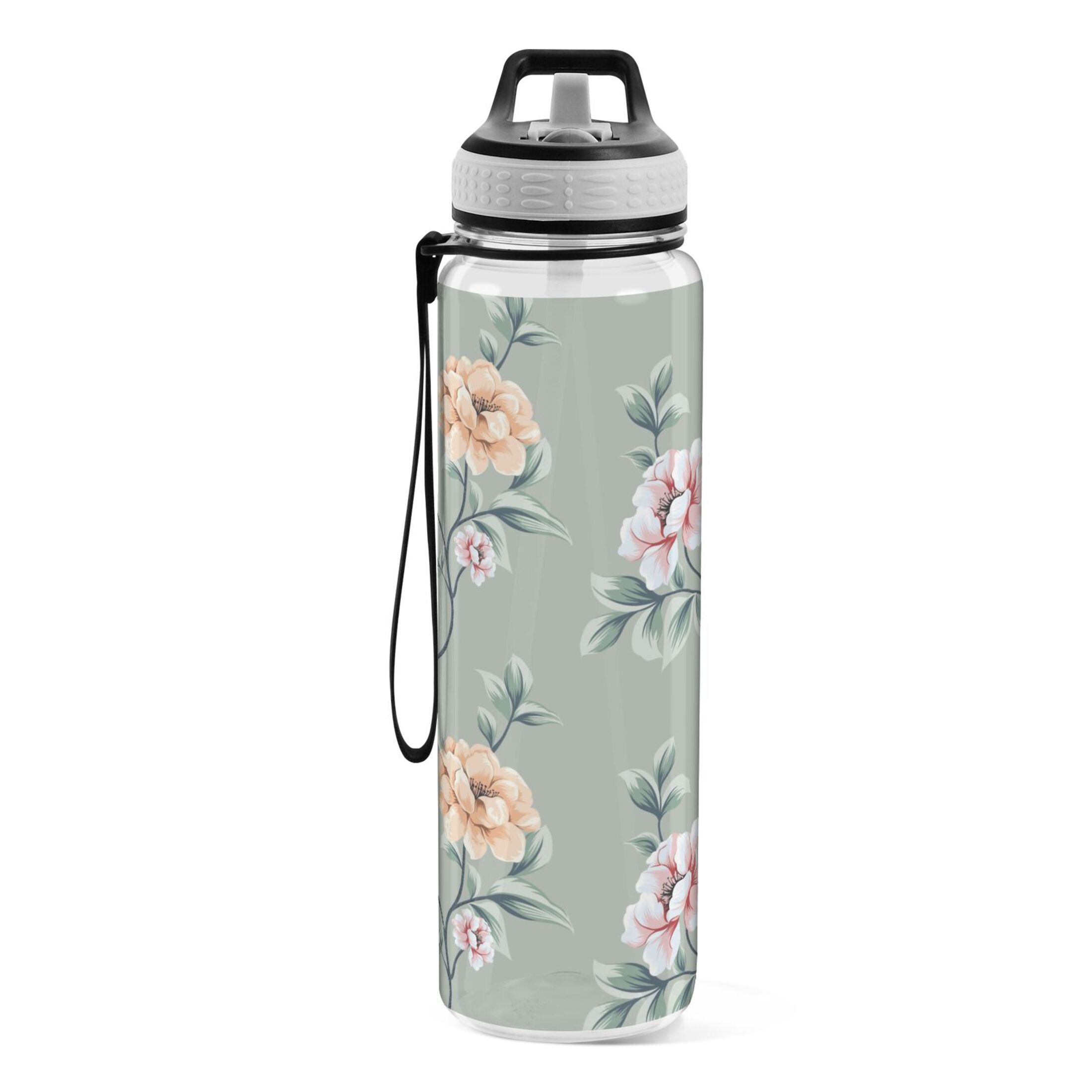 Pink Flowers with Green Leaves 32oz Water Bottles with Straw Tritan Leakproof Sports Bottle BPA Free Clear for Fitness Gym Swimming Cycling