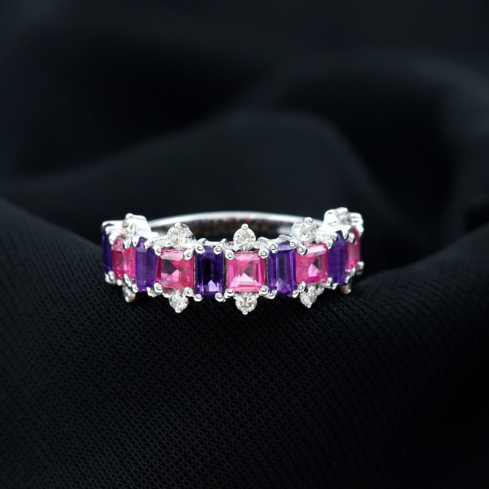 Half Eternity Ring for Women - Lab Grown Pink Sapphire and Amethyst Ring with Diamond, 14K White Gold, US 4.50