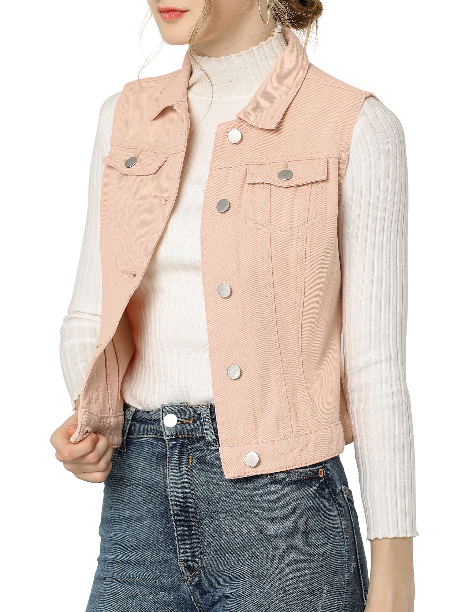 Unique Bargains Women's Denim Sleeveless Flap Pockets Vest Jacket M Pink
