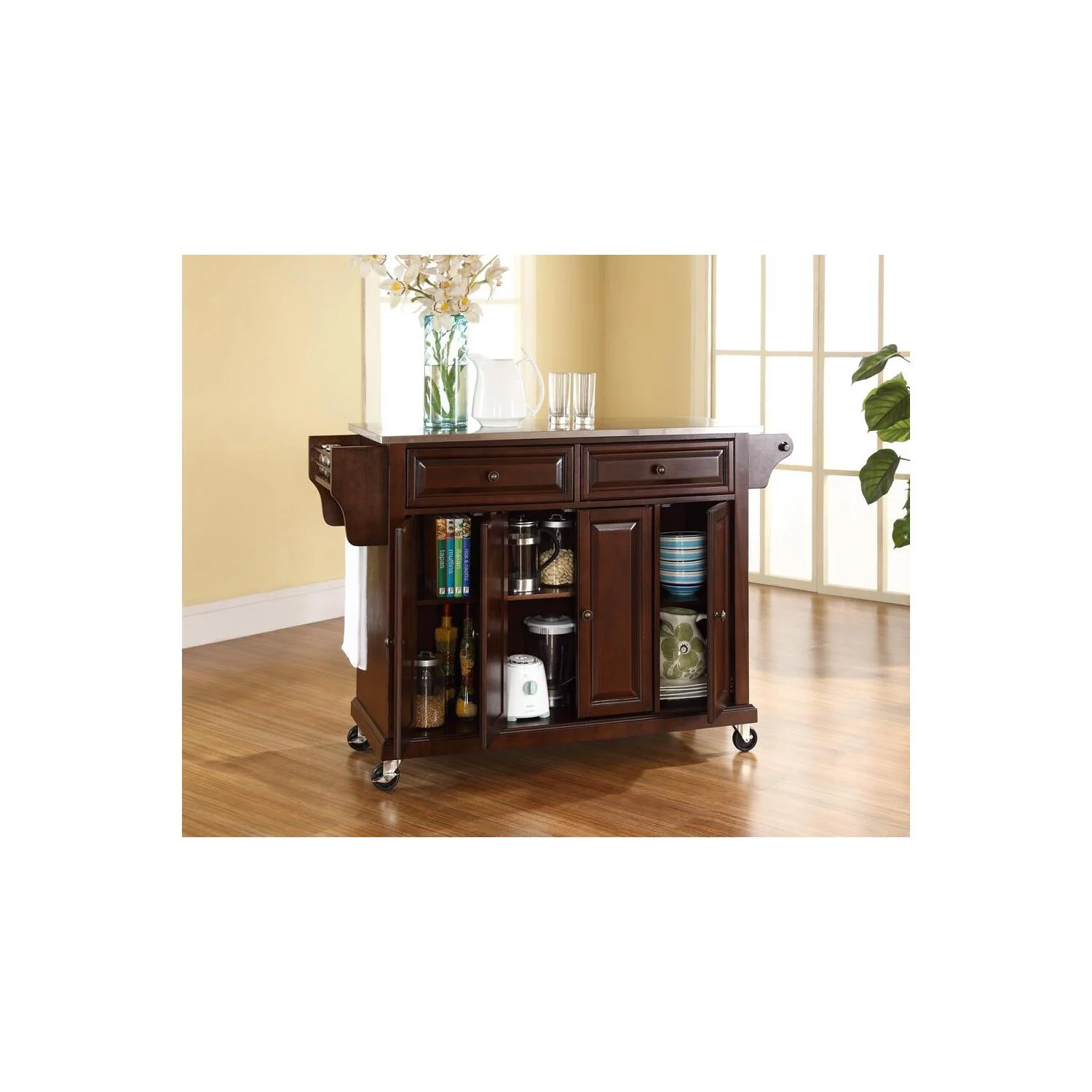 Crosley Furniture Wood/Stainless Steel Kitchen Cart in Mahogany/Silver