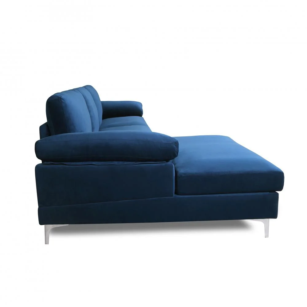 Modern Velvet Sectional Sofa with Extra Wide Chaise Lounge, L-Shaped Fabric Couch for Living Room,Metal Legs, Blue Couch