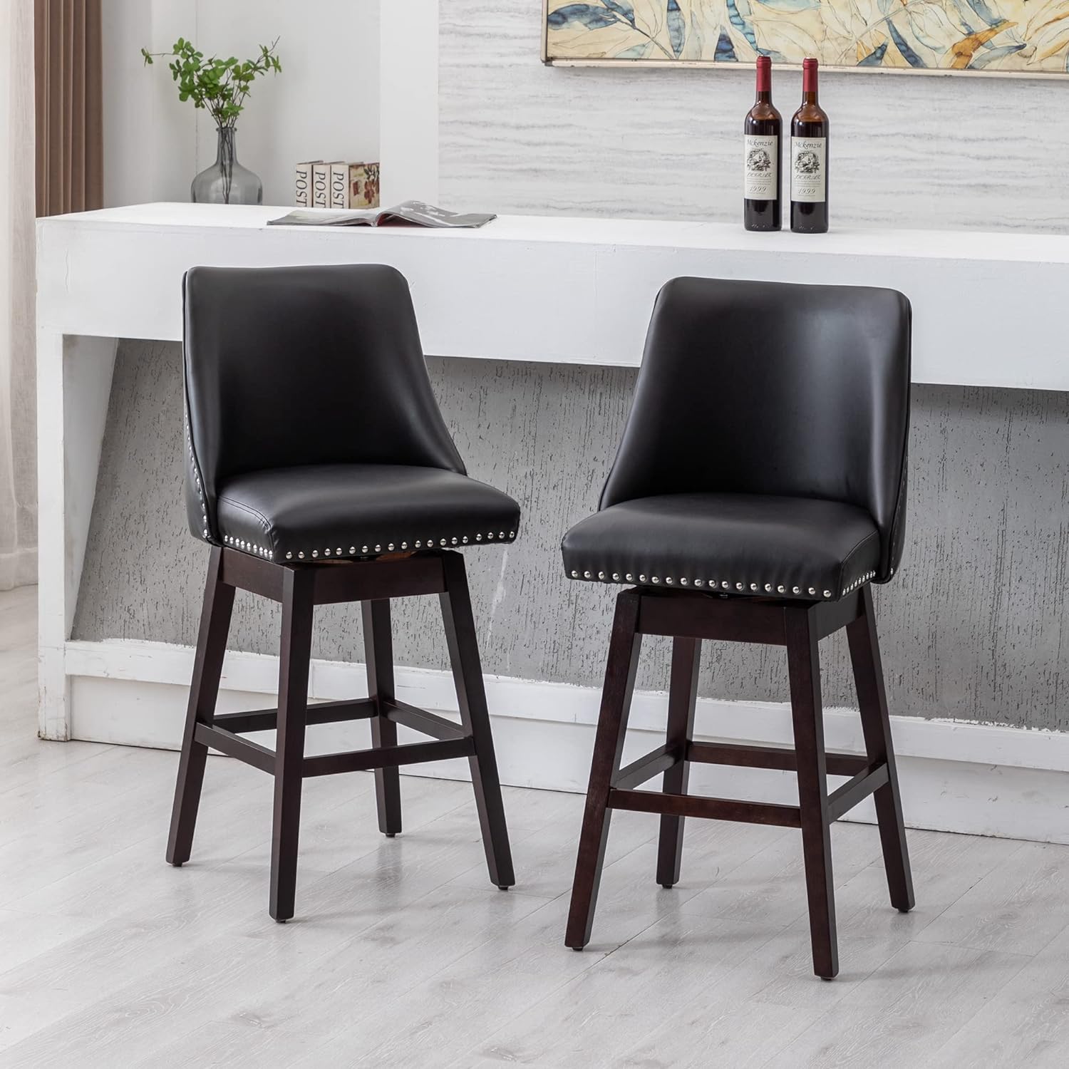 NLIBOOMLife Counter Height Swivel  Stool Chairs   Mid-Century Modern 27 inch Barstools with Wood Legs Comfy PU Leather Upholstered  Chairs for Home /Kitchen Island/Restaurant  Dark Grey