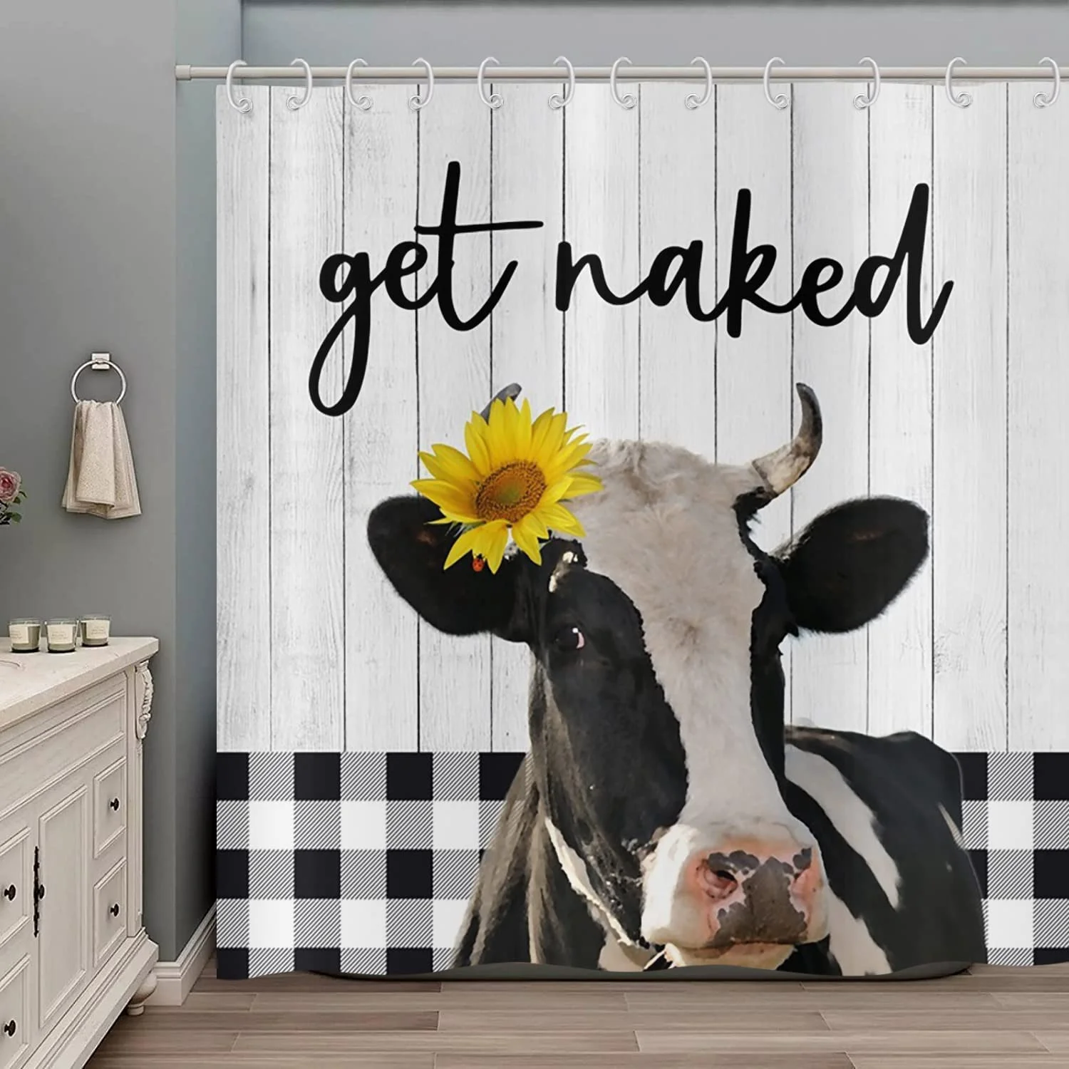 JOOCAR Get Naked Farm Highland Cow Bull Sunflower on Wooden Board 72x72 Inches Waterproof Polyester Shower Curtain with Hooks