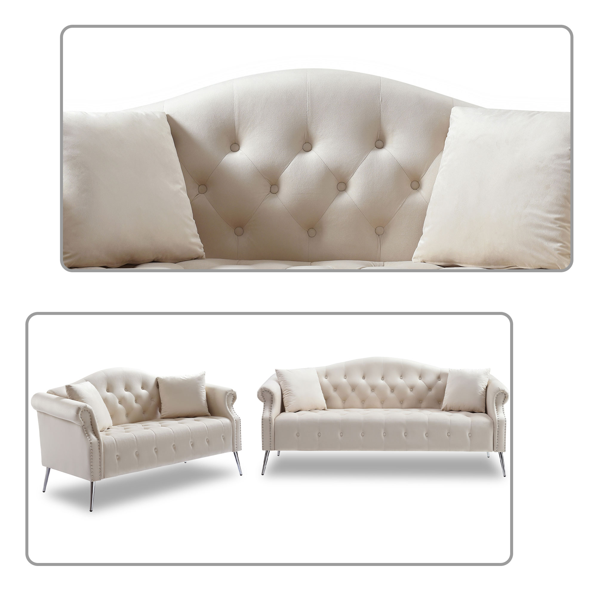 Modern Elegant Style 2-piece Velvet Fabric Button Tufted Sofa with Roll Armrest, 4 Pillows and Metal Legs for Living Room, Bedroom, Beige