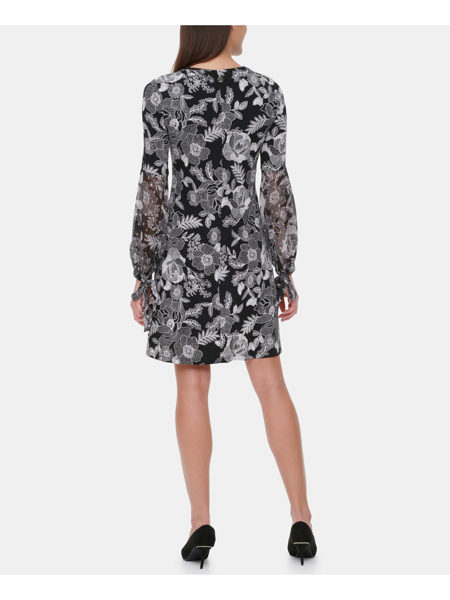 TOMMY HILFIGER Womens Black Floral Cuffed Jewel Neck Knee Length Wear To Work Shift Dress Petites 2P