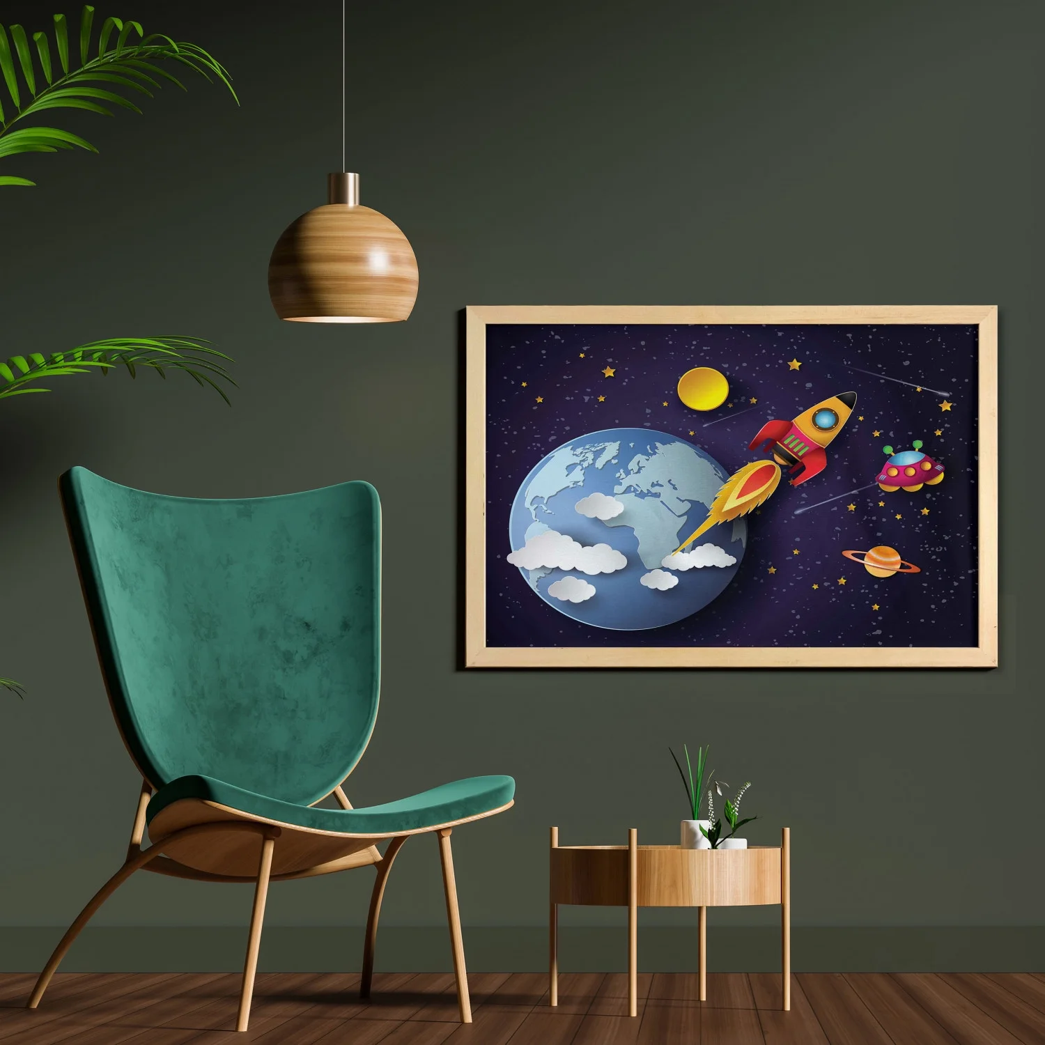 Outer Space Wall Art with Frame, Rocket on Planetary System Earth Stars Ufo Saturn Sun Galaxy Boys Print, Printed Fabric Poster for Bathroom Living Room Dorms, 35