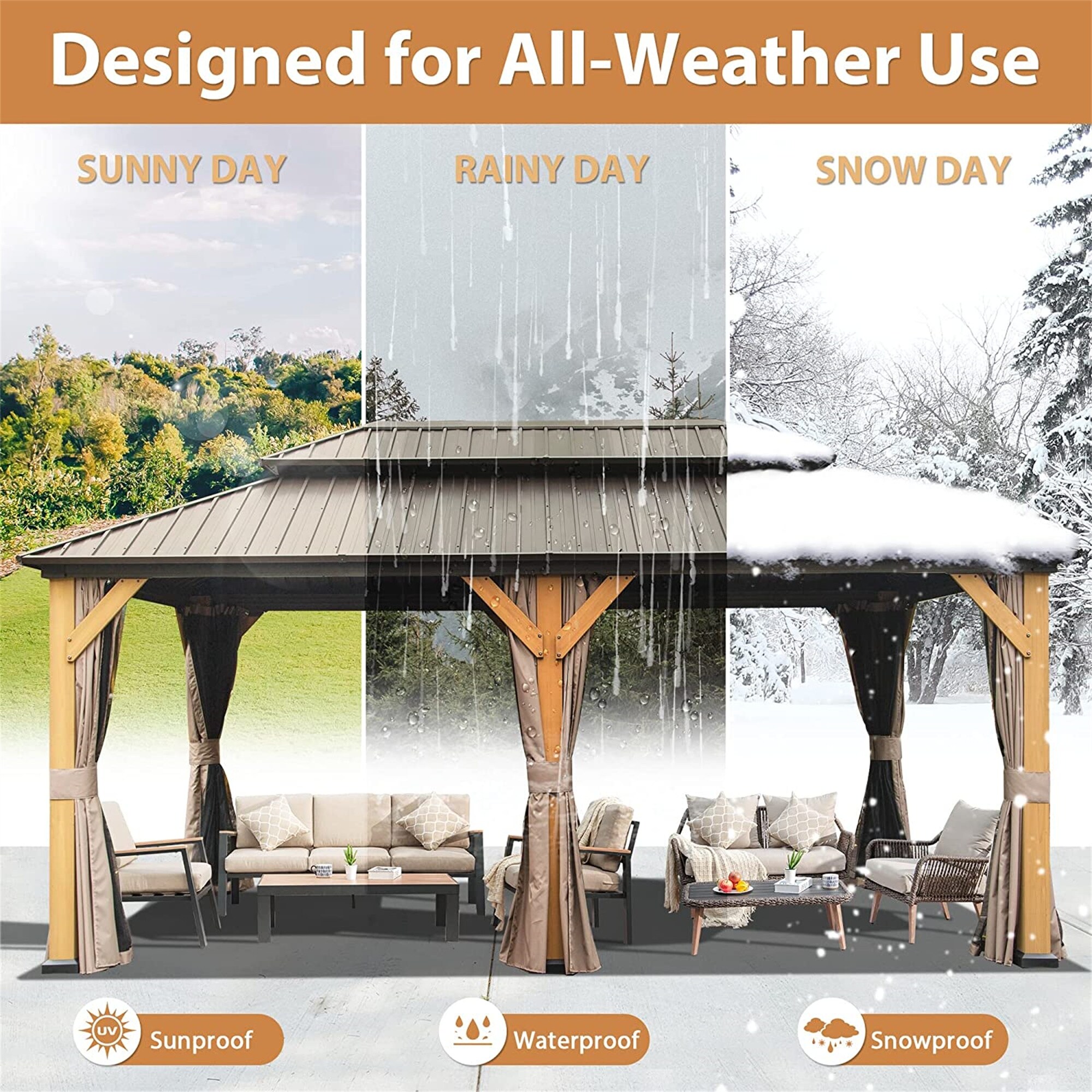 12'x20' Outdoor Gazebo Double Roof Galvanized Steel Canopy Cedar Wood Frame Gazebo with Netting&Curtains for Patio,Brown