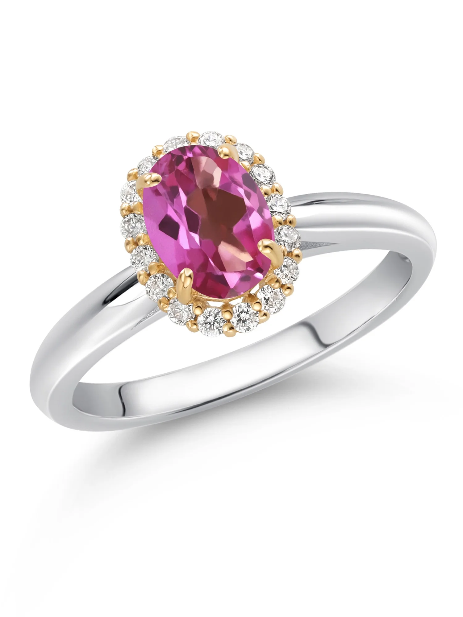 Gem Stone King 925 Sterling Silver and 10k Yellow Gold Pink Mystic Topaz and White Lab Grown Diamond Halo Engagement Ring For Women (0.93 Cttw, Gemstone, Oval 7X5MM)