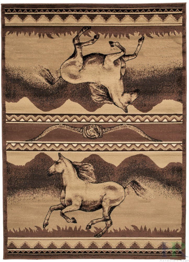 Lodge, Cabin Nature and Animals Area Rug - Stripped Pattern Cabin Area Rug - Abstract, Chocolate/Beige-Horse/Mountain