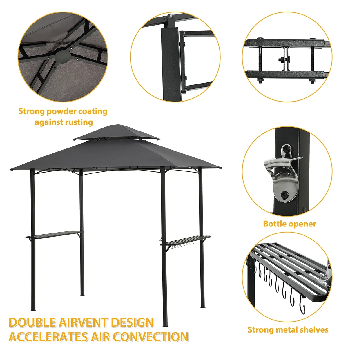 MYDENIMSKY Outdoor Grill Gazebo 8 X 5 Ft, Shelter Tent, Double Tier Soft Top Canopy And Steel Frame With Hook And Bar Counters, -Grey