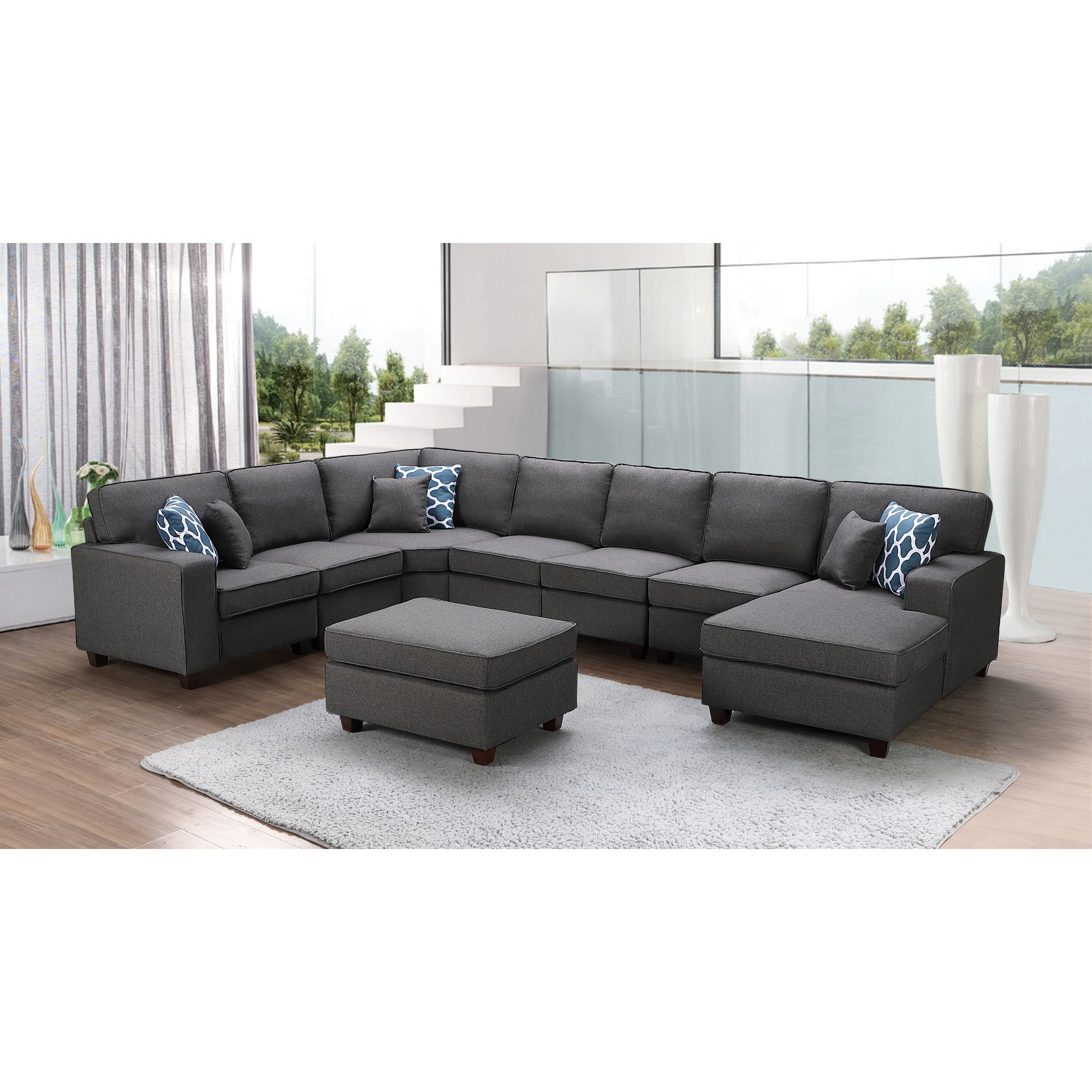 Lilola Home Irma Dark Gray Linen 8Pc Modular Sectional Sofa Chaise and Ottoman