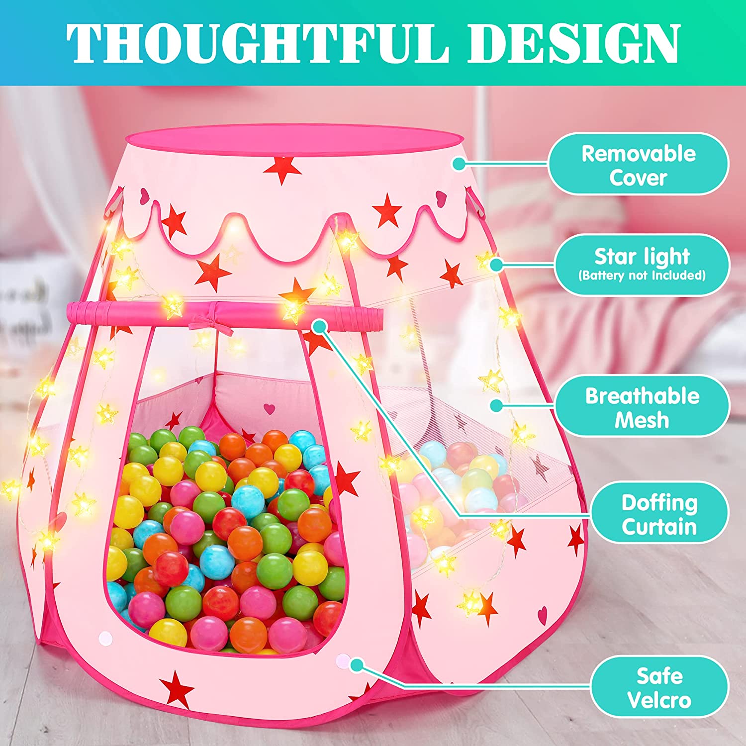 KIDAMI Princess Pop Up Tent with Star Lights for Year Old Girls Birthday Gift, No Assembly Required, Easy to Fold with Portable Bag, Toddler Baby Girl Toys Kids Ball Pit Indoor Outdoor Playhouse