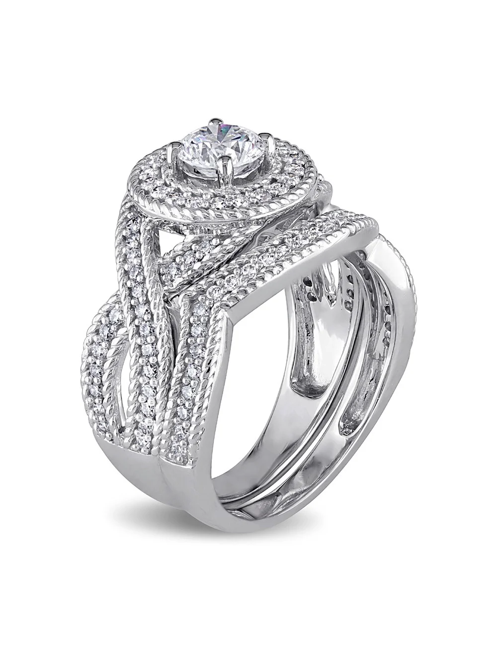 1.00 Carat (Ctw H-I, I2-I3) Diamond Engagement Ring & Wedding Band Set 14K White Gold