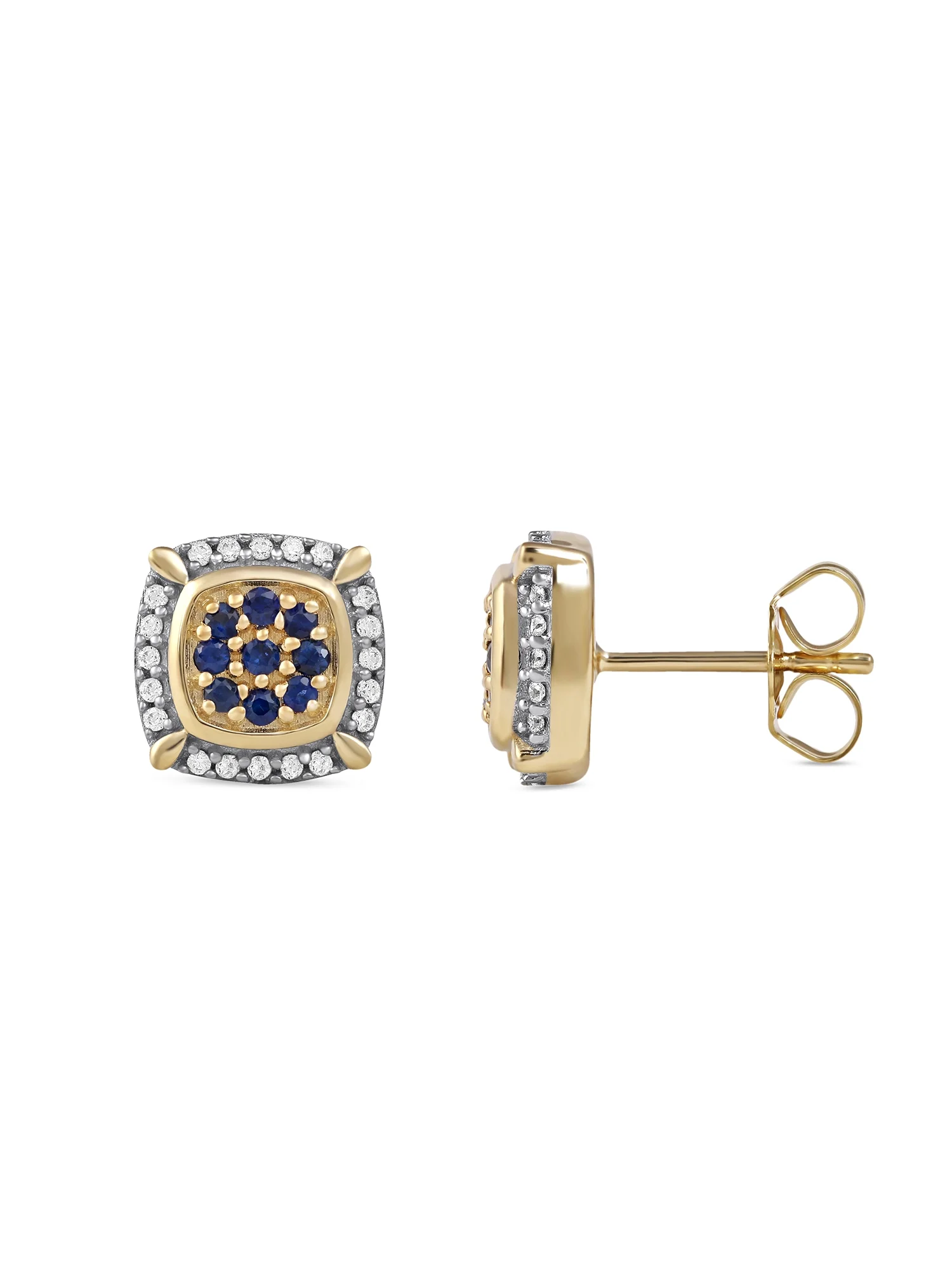 Imperial Gemstone 10k Yellow Gold Blue Sapphire and 1/8CT TW Diamond Cluster Halo Stud Earrings for Men