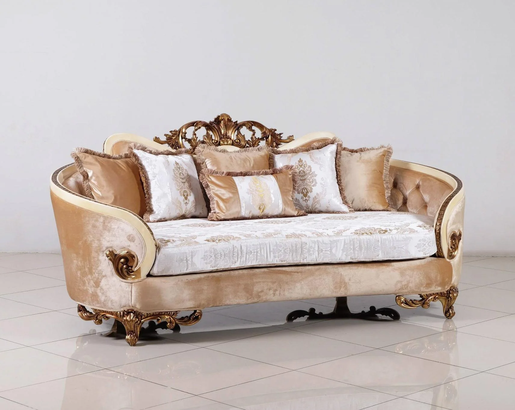 Luxury Beige & Gold Wood Trim ROSABELLA Sofa EUROPEAN FURNITURE Traditional