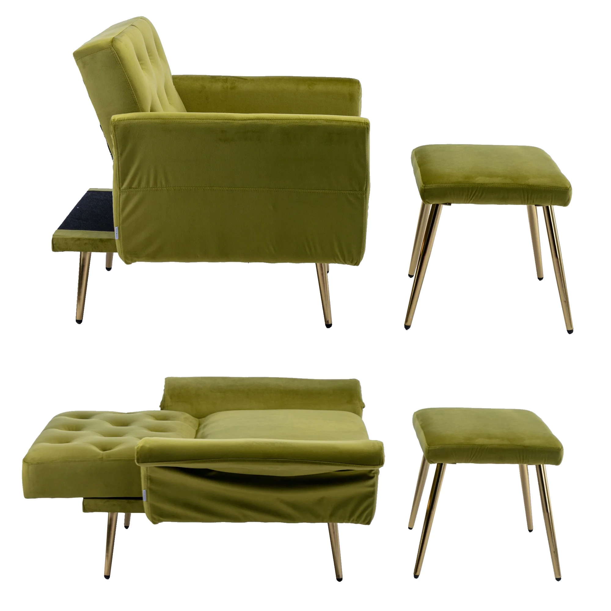 Exquisite Velvet Fabric Tufted Button Accent Chair with Ottoman, Adjustable Armrests and Backrest, Olive Green