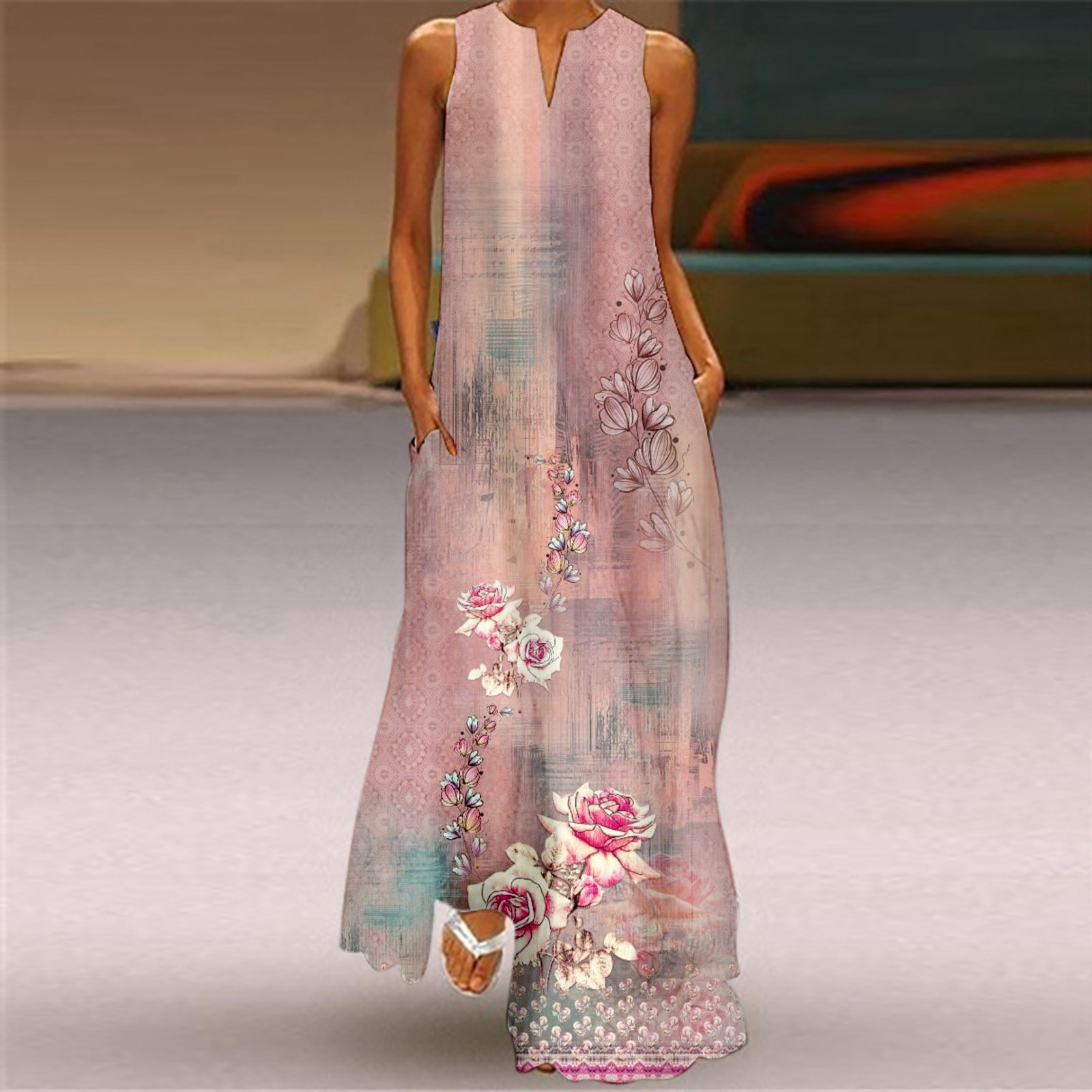 SZXZYGS Dresses for Women 2024 Wedding Guest Plus Size Women Summer Casual Sleeveless Print V Neck Loose Dress Boho Beach Long Sundress with Pockets 2024 Women Dresses