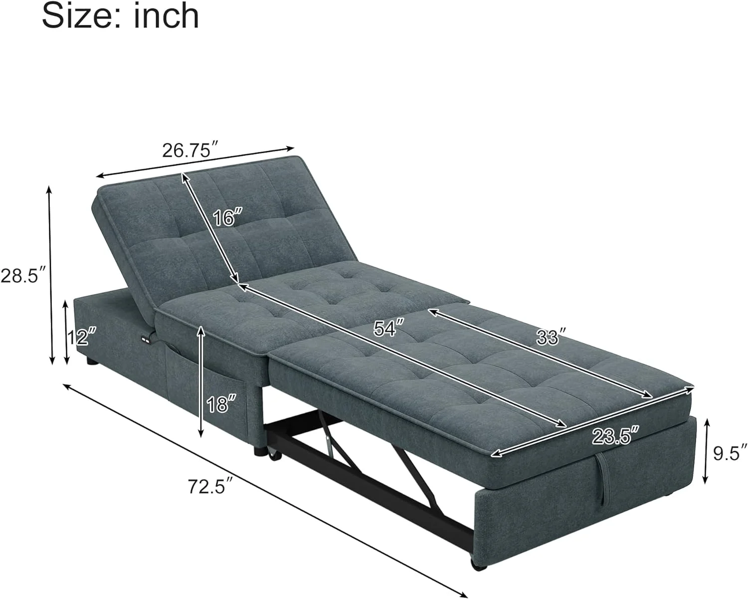 Covertible Sofa Bed With Storage Pocket Ad USB Ports, Foldable Ottoma Sigle Sleeper Sofabed, Louger Sofa Chair For Livig Room, Office, Bedroom, Deep Blue