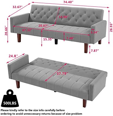 TJUNBOLIFE Tufted Linen Futon Sofa Couch Bed for Living Room Convertible Fabric Blue Upholstered Sleeper Futon Guest Bed Twin Size with Solid Wood Legs for Small Spaces