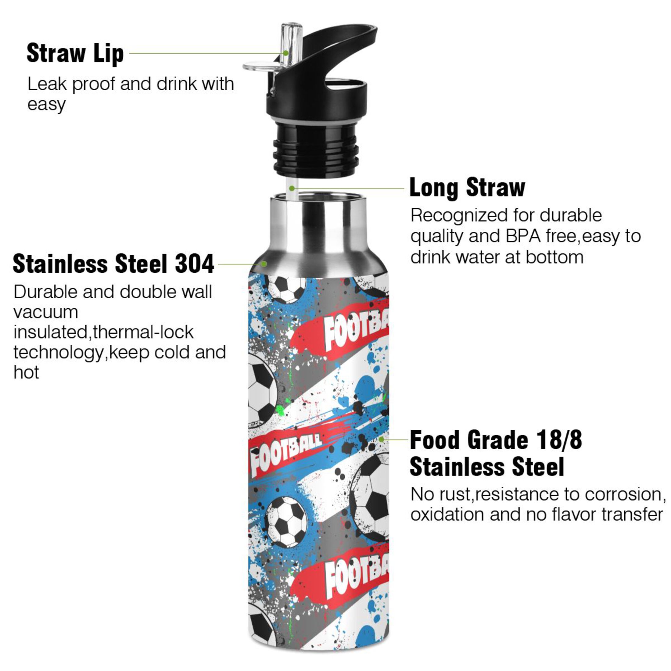 Footballs Water Bottles Insulated Thermos Kids Stainless Steel Bottle with Straw Lid Flask Leakproof for Sports Gym 20 oz