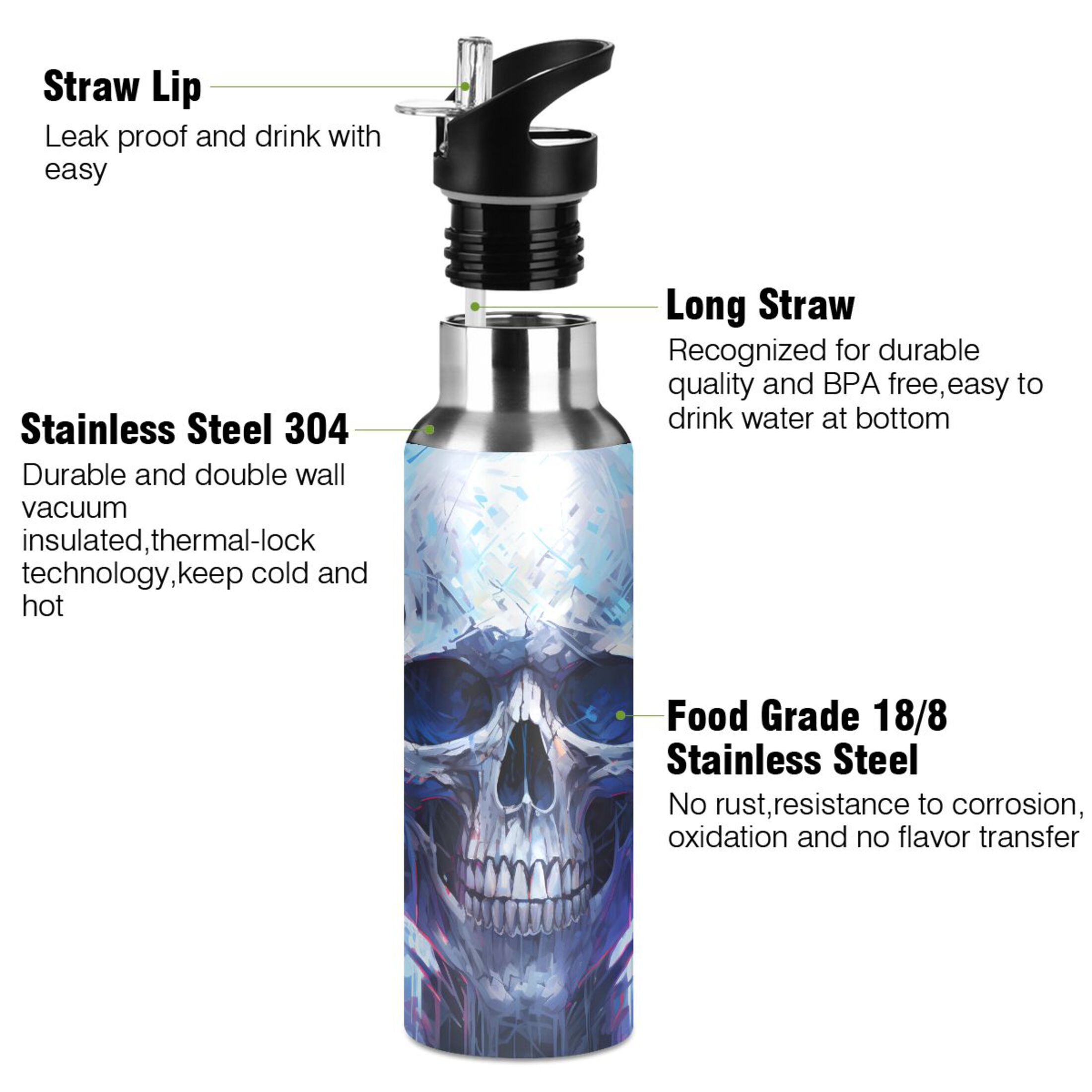 Skeleton Skull Halloween Water Bottles Insulated Thermos Kids Stainless Steel Bottle with Straw Lid Flask Leakproof for Sports Gym 20 oz