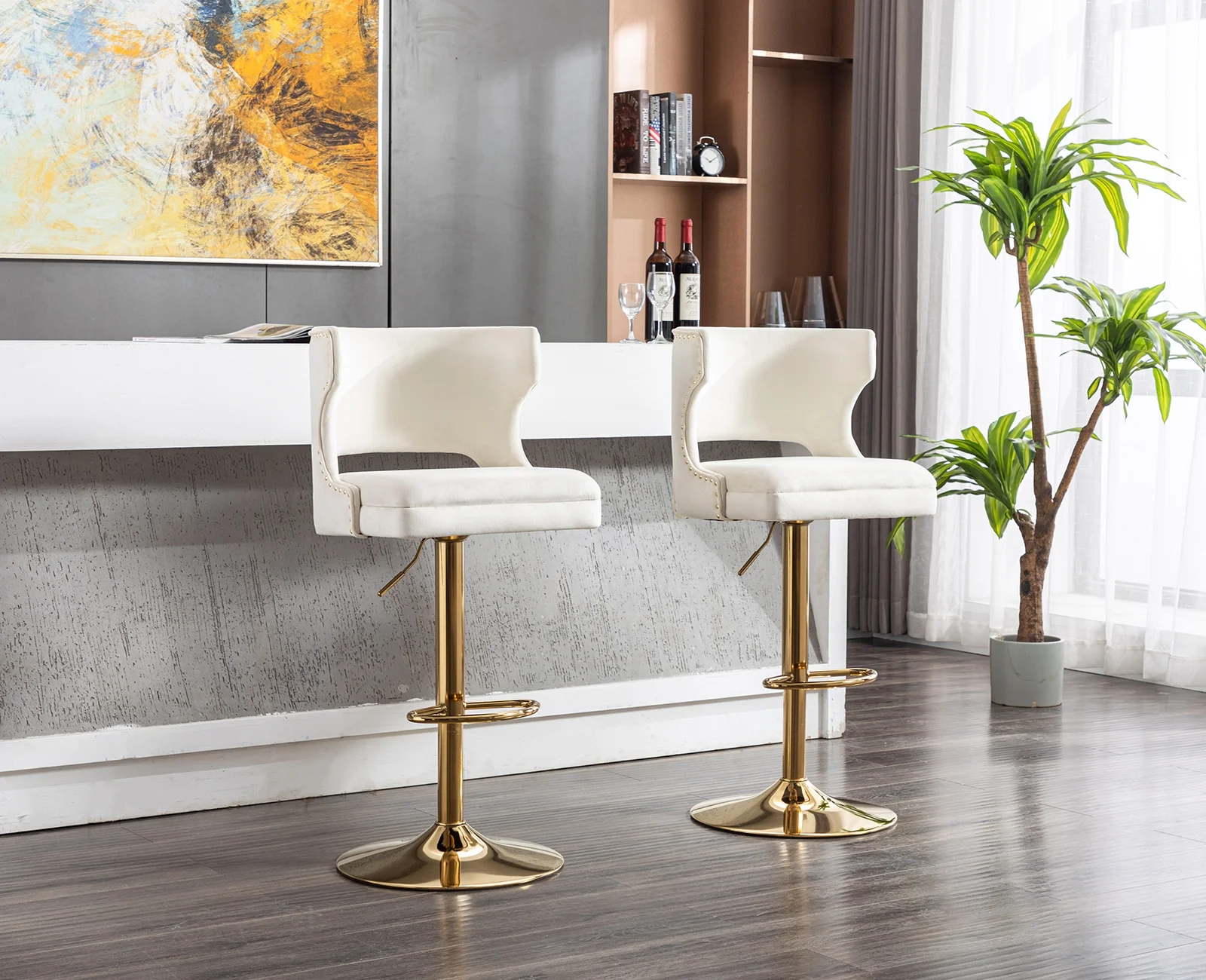 Guyou Swivel Bar Stool Set of 2, Modern Upholstered Velvet Adjustable Height Counter Barstools with Open Back and Metal Base for Kitchen Island Restaurant Home Bar, Beige