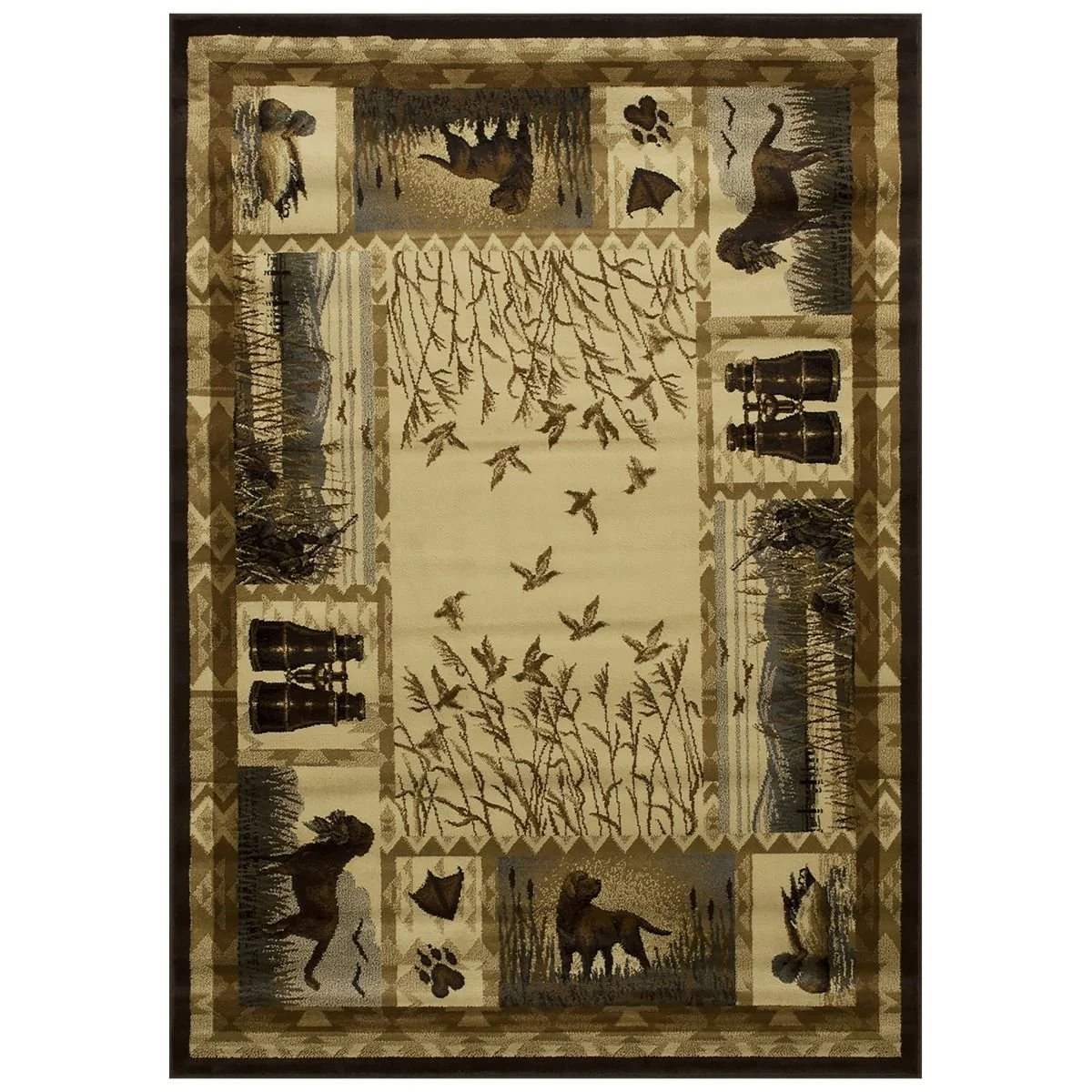 Lodge, Cabin Hunting Accent Area Rug - Modern Geometric Design Cabin Area Rug - Abstract, Multicolor Design- Hunting Dogs/Duck/Magnifier
