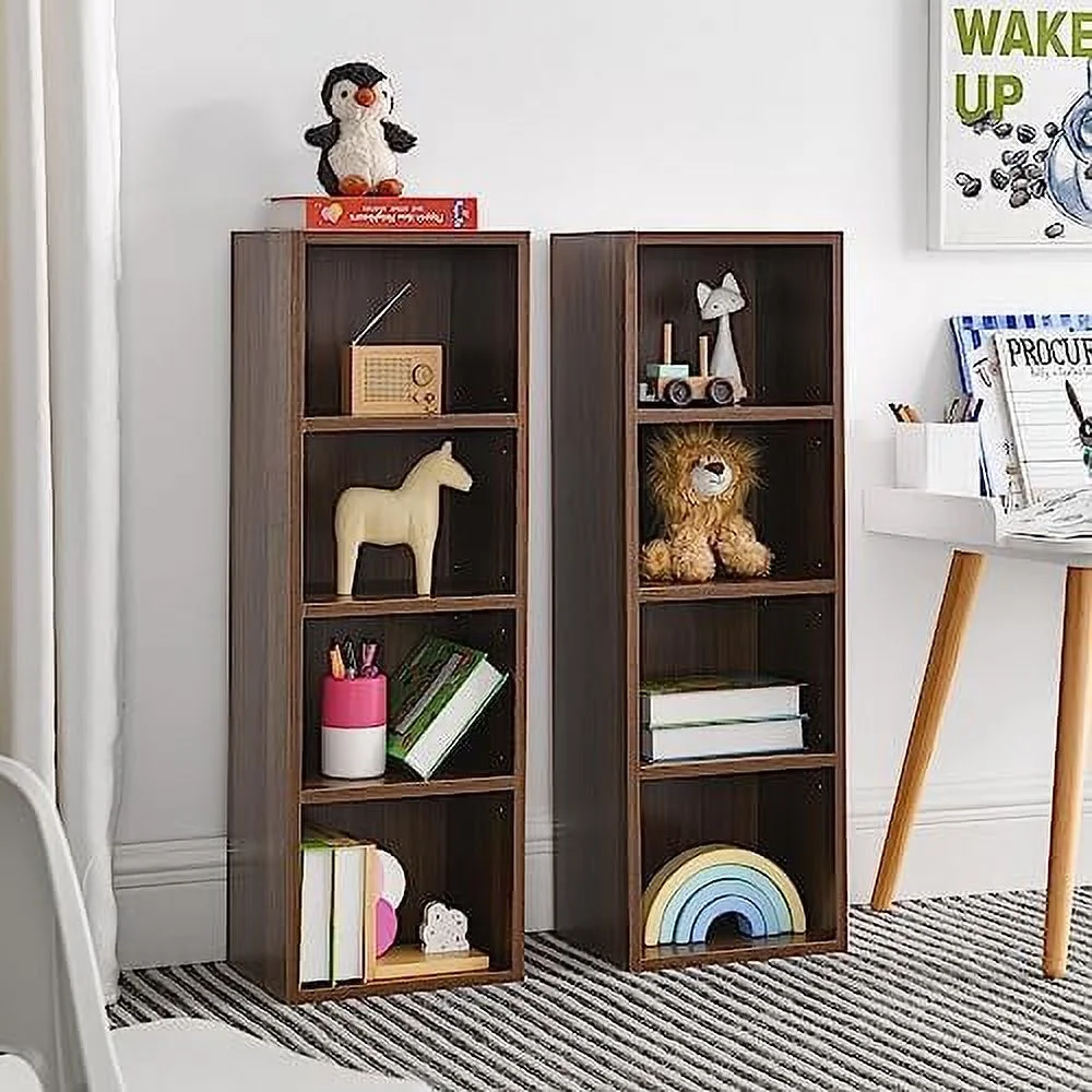 TJUNBOLIFE 8-Tier Media Tower Rack  CD DVD Slim  Cabinet with Adjustable Shelves  Tall Narrow Floor Standing Display Bookshelves   Double-Decker Bookcase for Home Office  Walnut