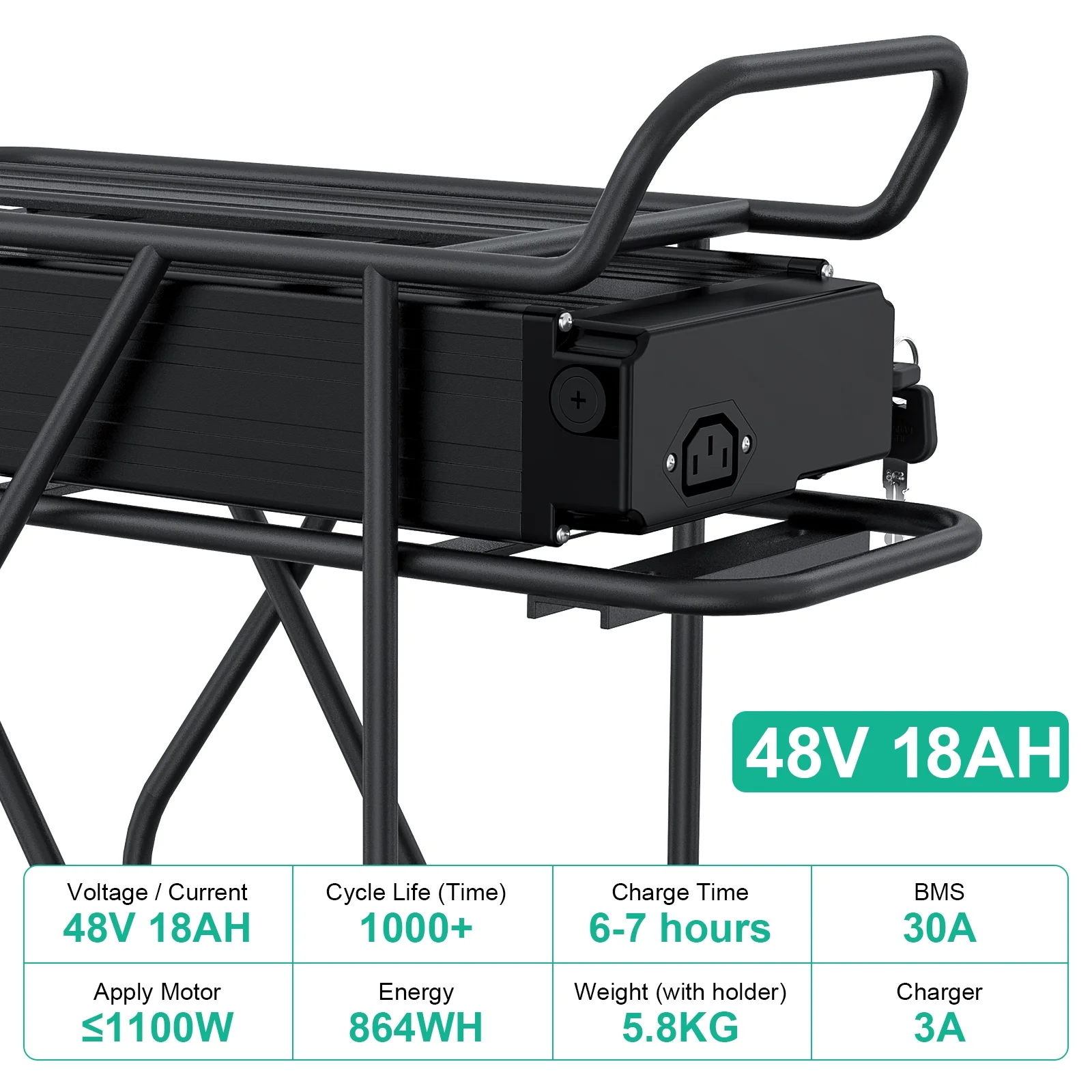 BVSLTUK 48V 18AH  Rear Rack Ebike Battery Electric Bike Battery for 250W-1000W Ebike Motors Luggage Rack fit for 26