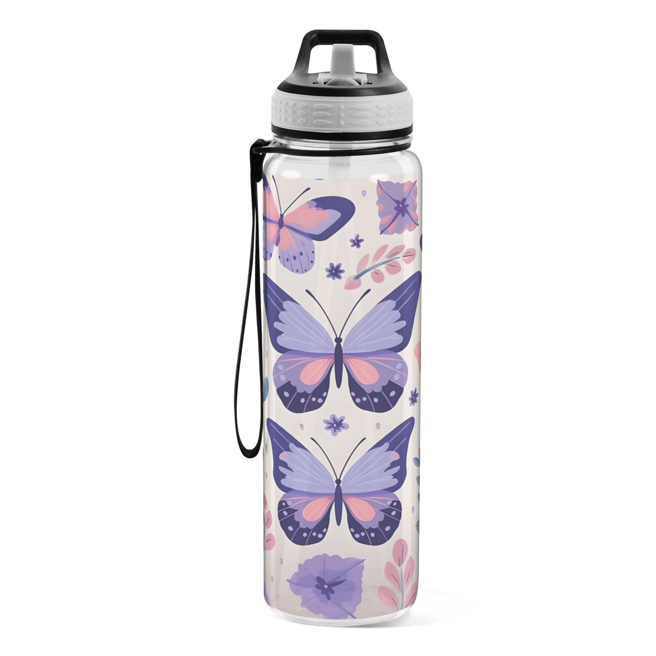 Butterflies Purple 32oz Water Bottles with Straw Tritan Leakproof Sports Bottle BPA Free Clear for Fitness Gym Swimming Cycling