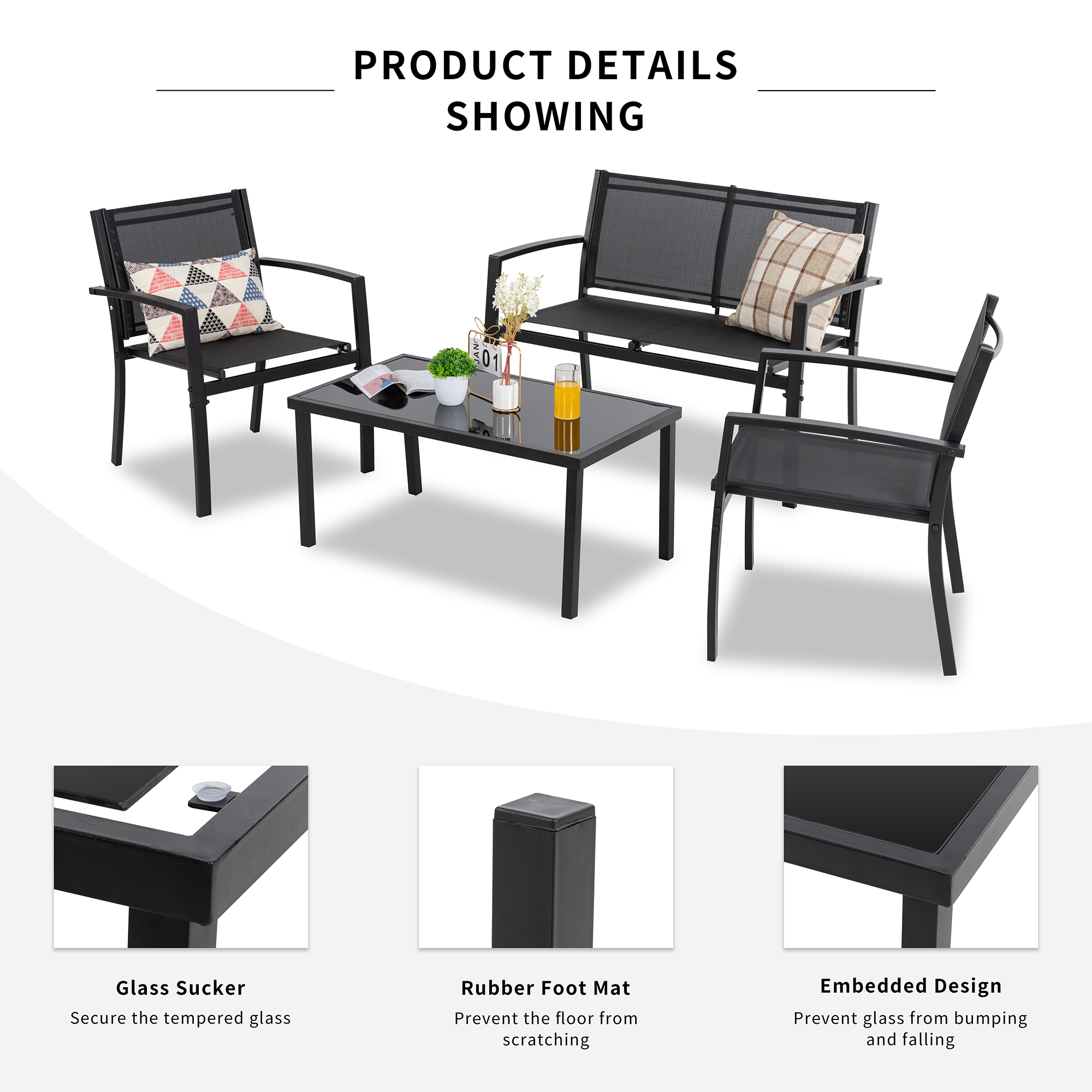 Walsunny 4 Pieces Patio Furniture Set All Weather Textile Fabric Outdoor Conversation Set, with Glass Coffee Table Black