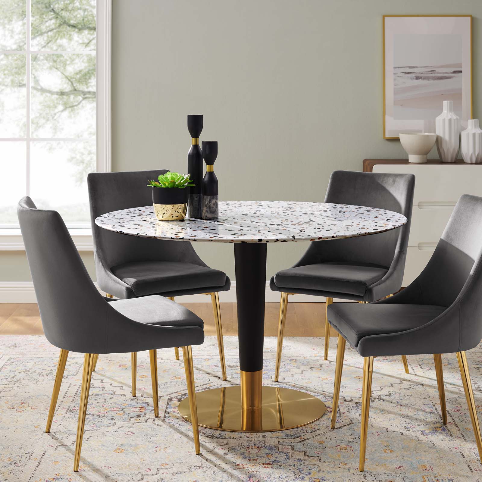 47 inch Dining Table, Round, White Gold, Wood, Metal Steel, Modern Contemporary, Mid Century Kitchen Room Cafe Bistro Restaurant Hospitality