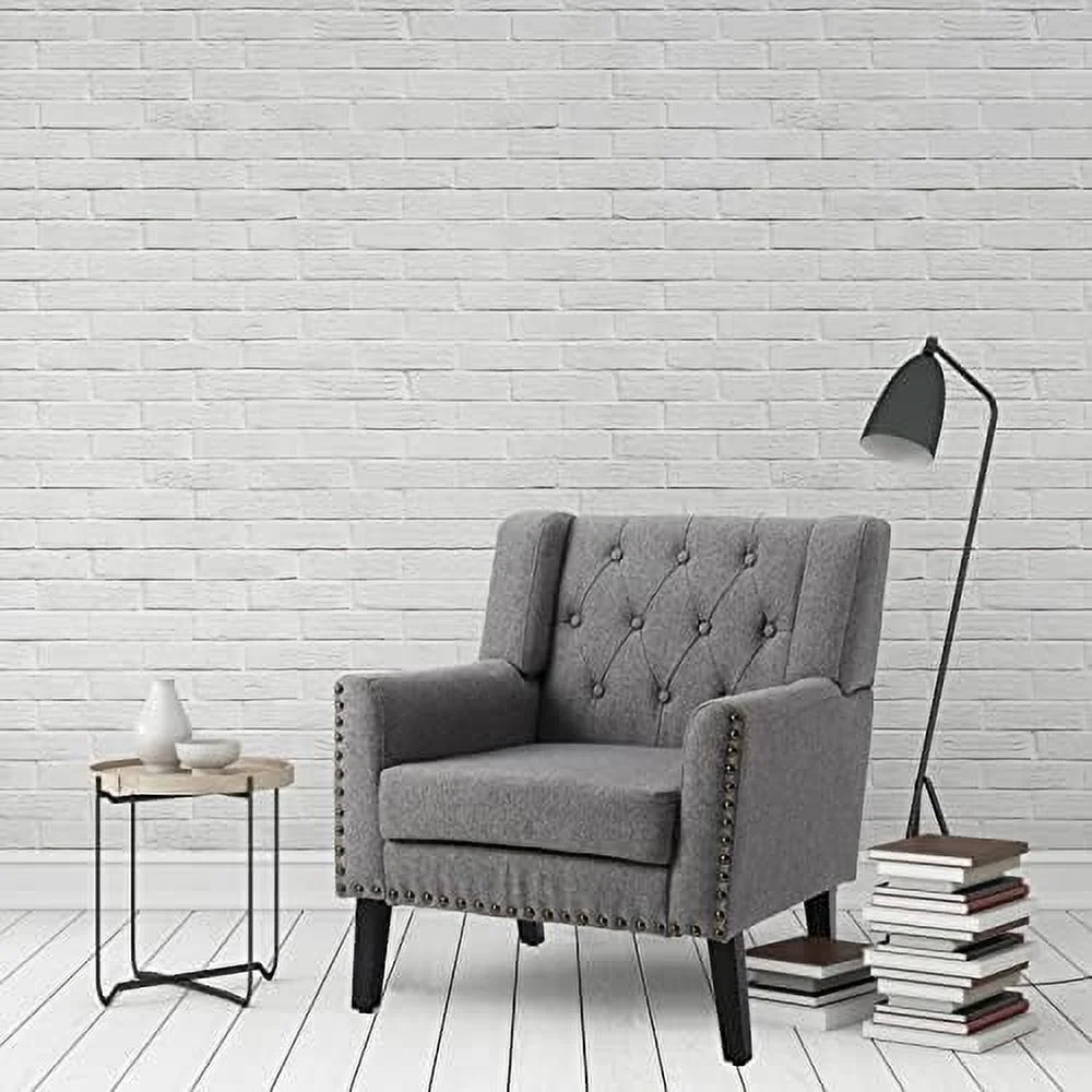 HOOMHIBIU Fabric Living Room Chair Comfy Upholstered Button Tufted Armchair  Mid-Century Modern Chair Accent Chairs with Solid Wood Legs  Single Sofa Chair for Living Room Bedroom  Grey