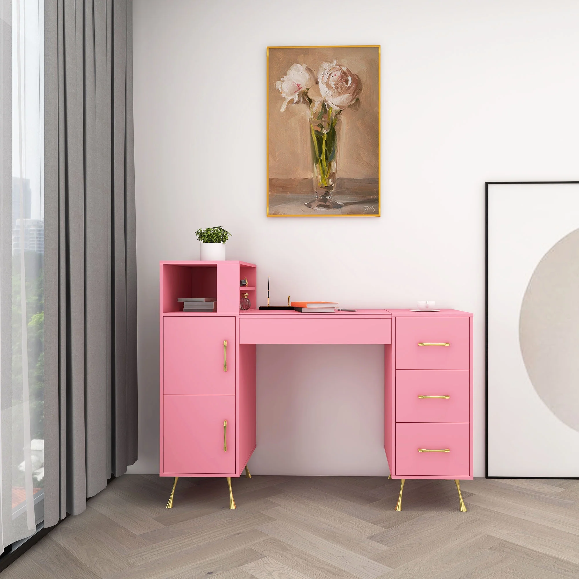 HIUU Pink Vanity Desk with 4 Drawers,Makeup Vanity Console Table for Bedroom,55inches Makeup Desk,Modern Dressing Table with Storage