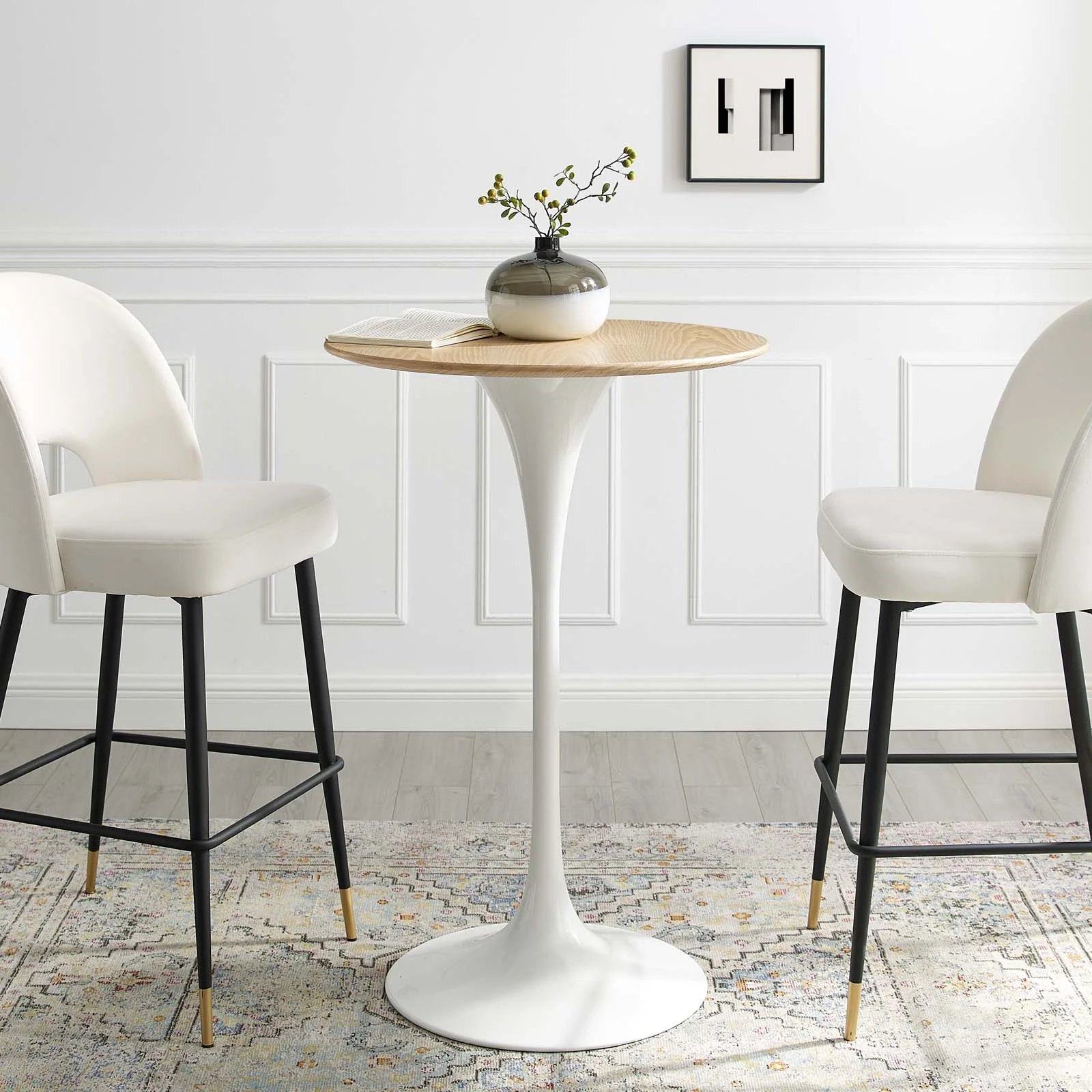 28 inch Bar Table, Natural Brown White, Wood, Metal Steel, Modern Contemporary Mid-Century, Bar Kitchen Pub Cafe Bistro Hotel Restaurant Hospitality