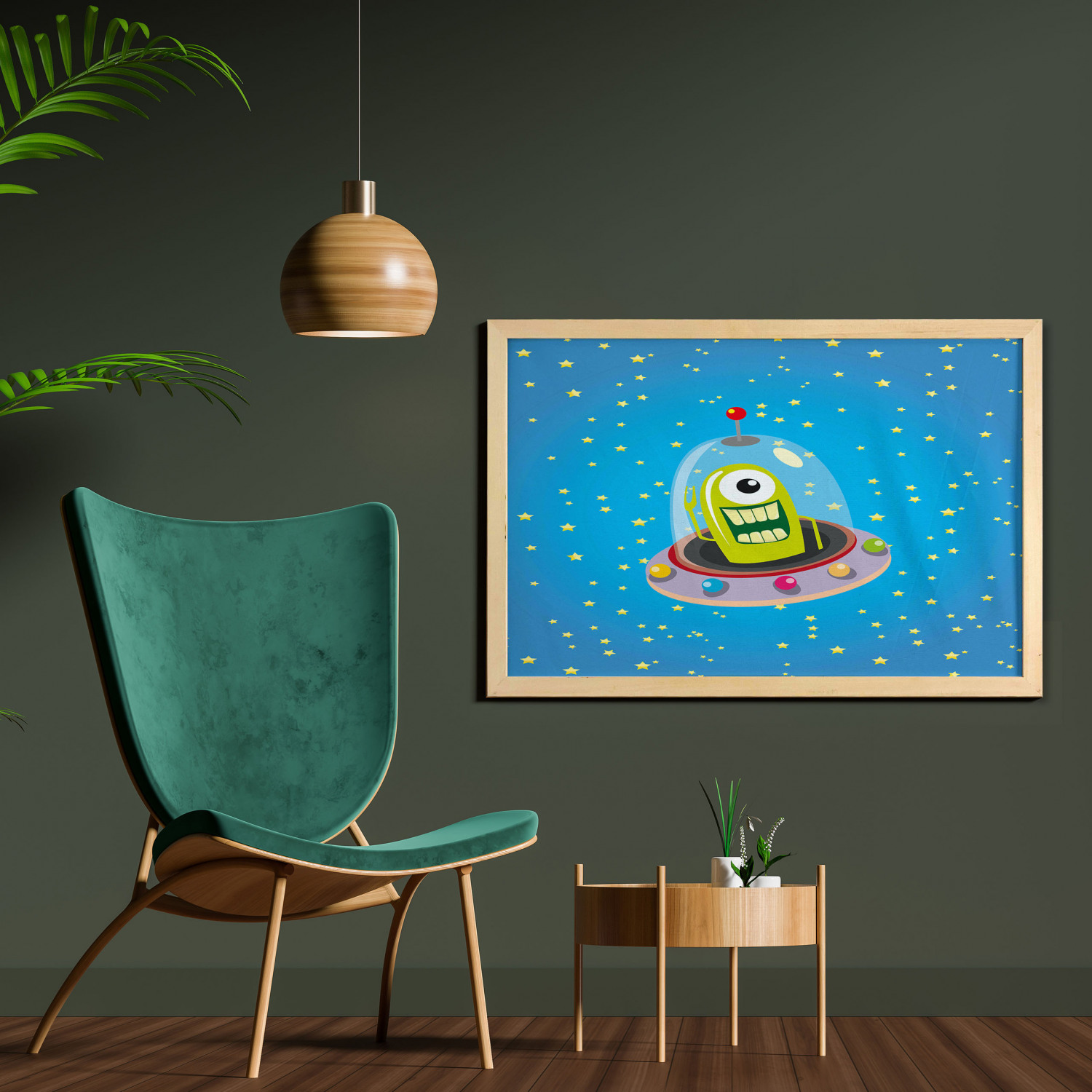Space Wall Art with Frame, Comic Ufo Alien in Outer Space with Stars Galaxy Journey Caricature Cartoon, Printed Fabric Poster for Bathroom Living Room, 35