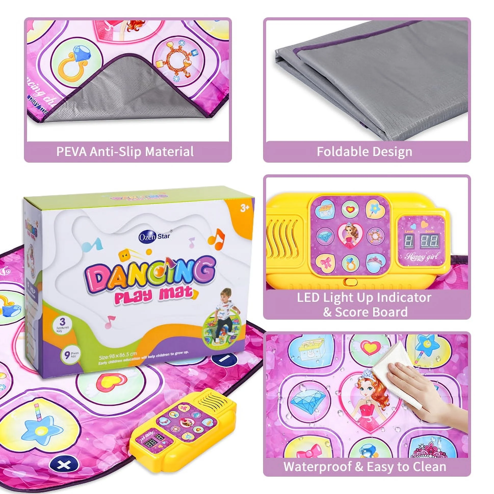 SUPER JOY Dance Mat Toys for Kids Ages 3-10 Dance Pad with LED Lights, Adjustable Volume, 9 Built-in Music, 7 Game Modes, 5 Challenge Levels Christmas Birthday Gifts for Kids Girls Boys