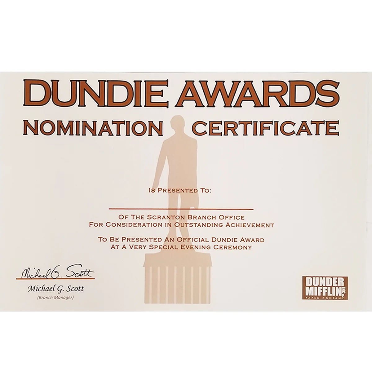 Dundie Awards Nomination Certificate Michael Scott The Office TV Show Poster